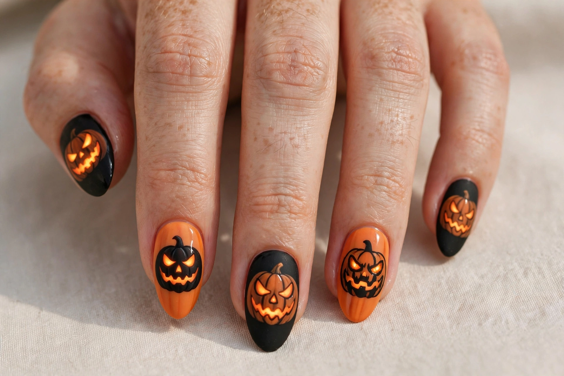 Spooky carved pumpkin faces with glowing eyes on black and orange nails