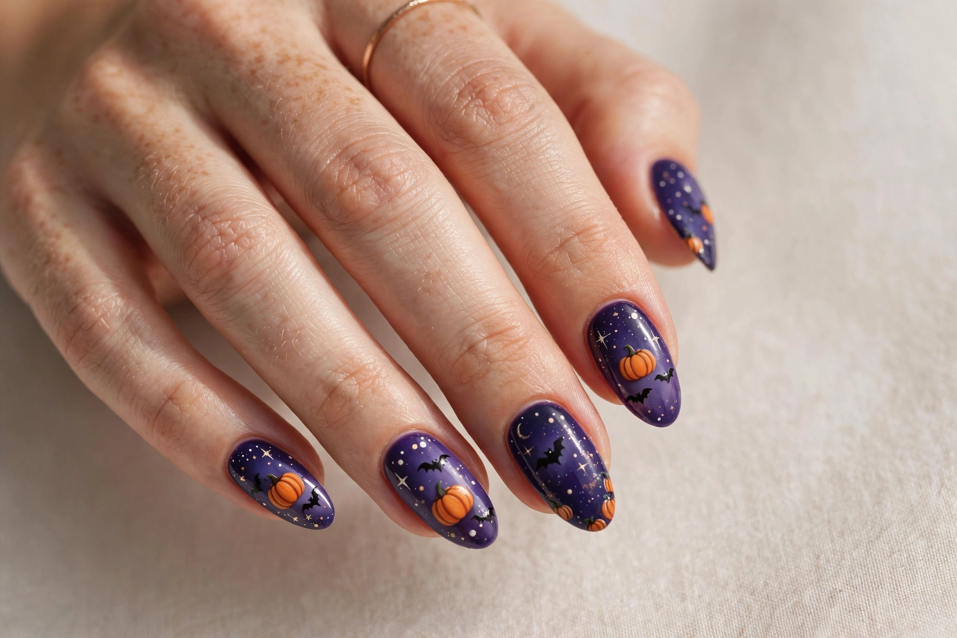 Orange pumpkins with black bat silhouettes on purple night sky nails