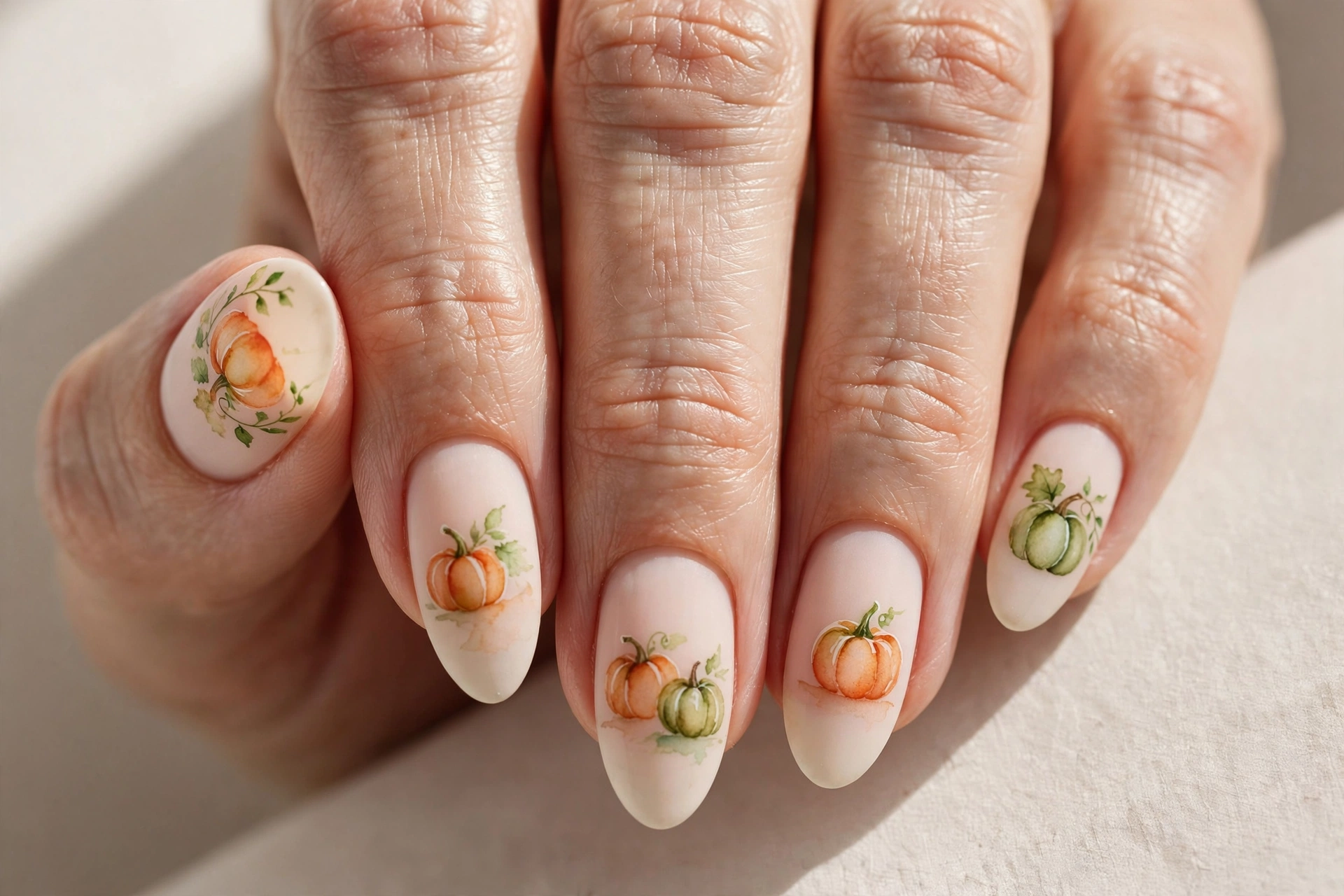 Soft watercolor painted pumpkins in orange and green on pale nails