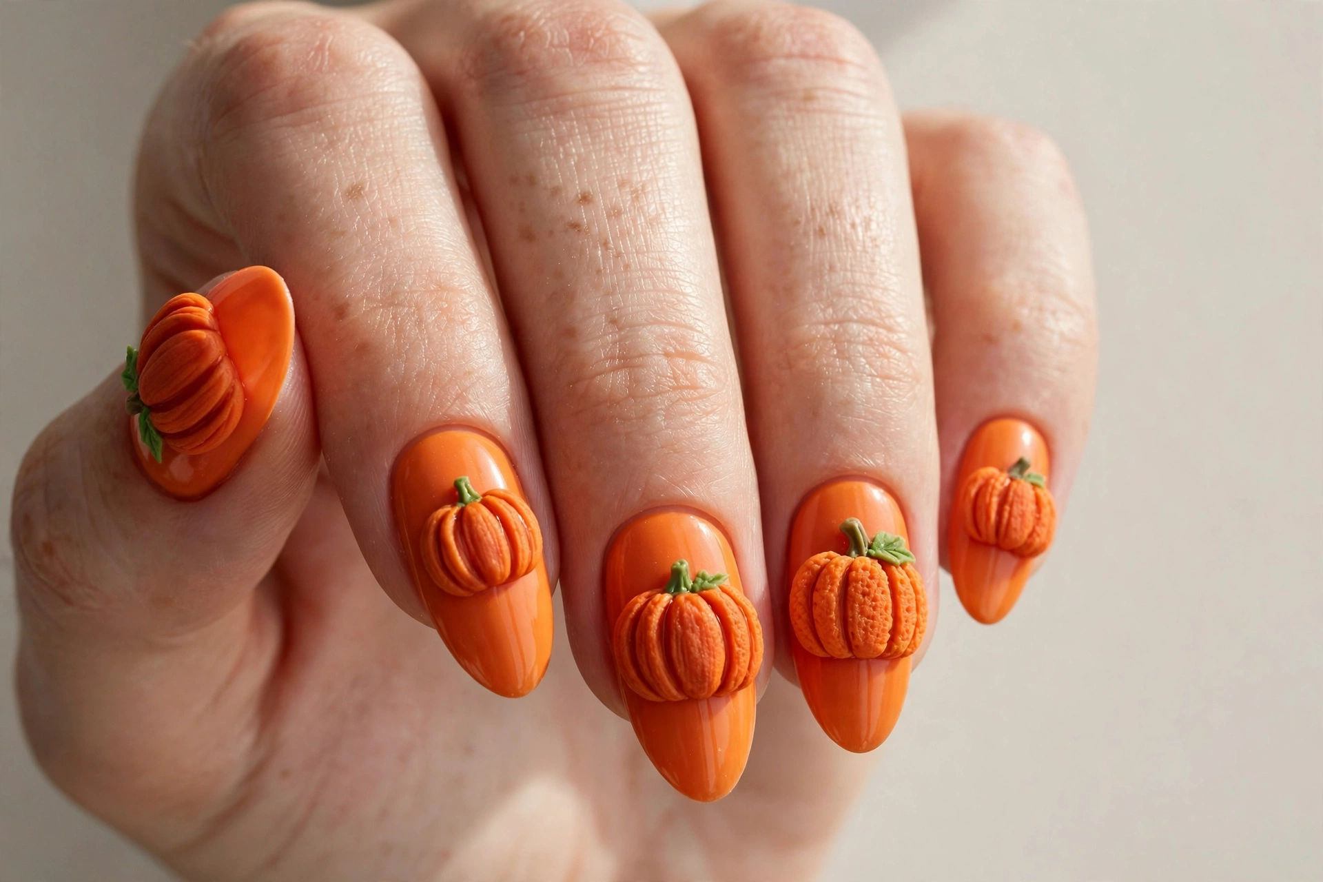 Raised 3D pumpkin nail art with textured pumpkins and green stems