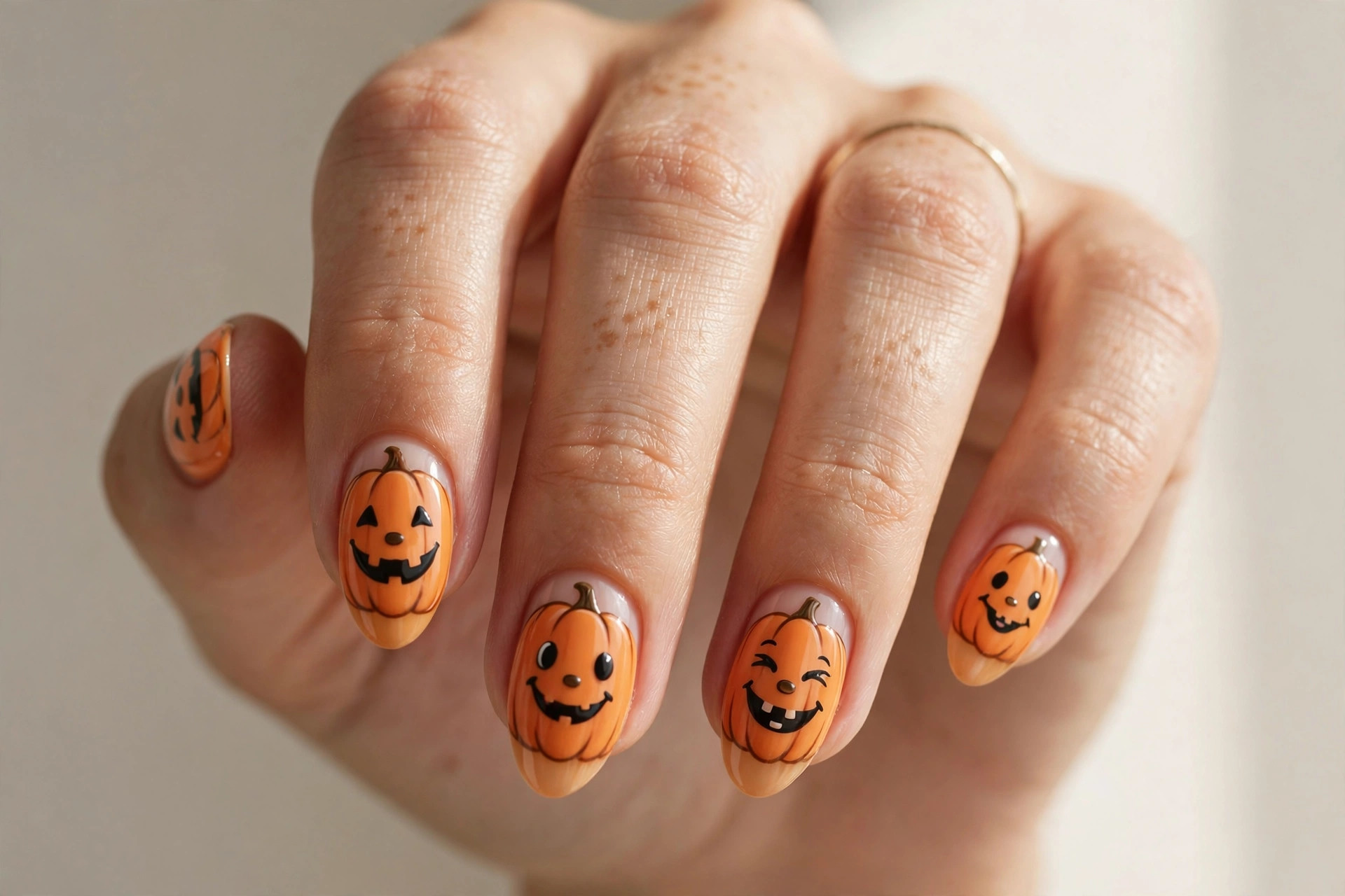 Close-up of a woman's hand with cute smiling pumpkin faces fall nail art on almond shaped nails