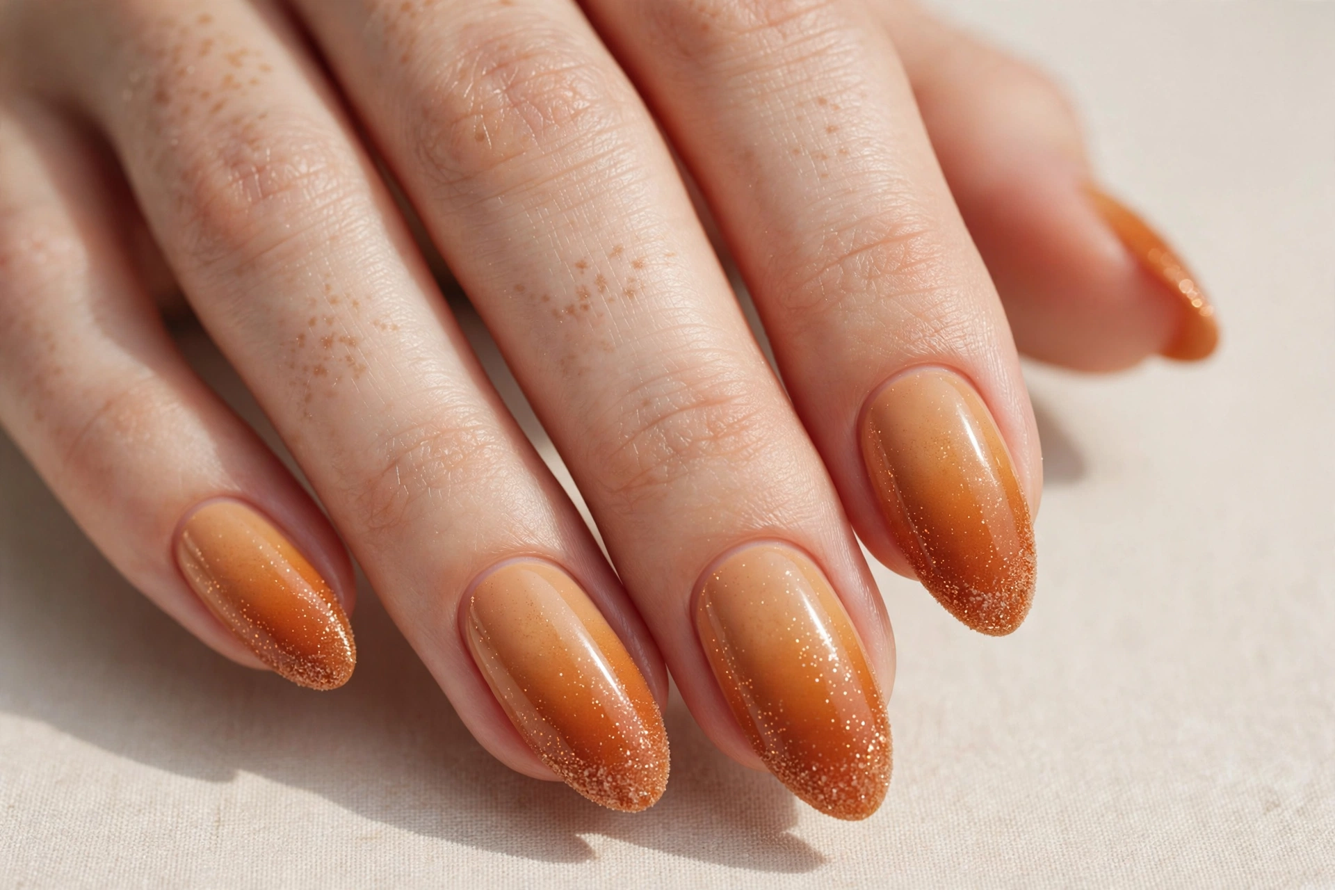 Pumpkin spice latte tips manicure with caramel to burnt orange gradient and cinnamon shimmer