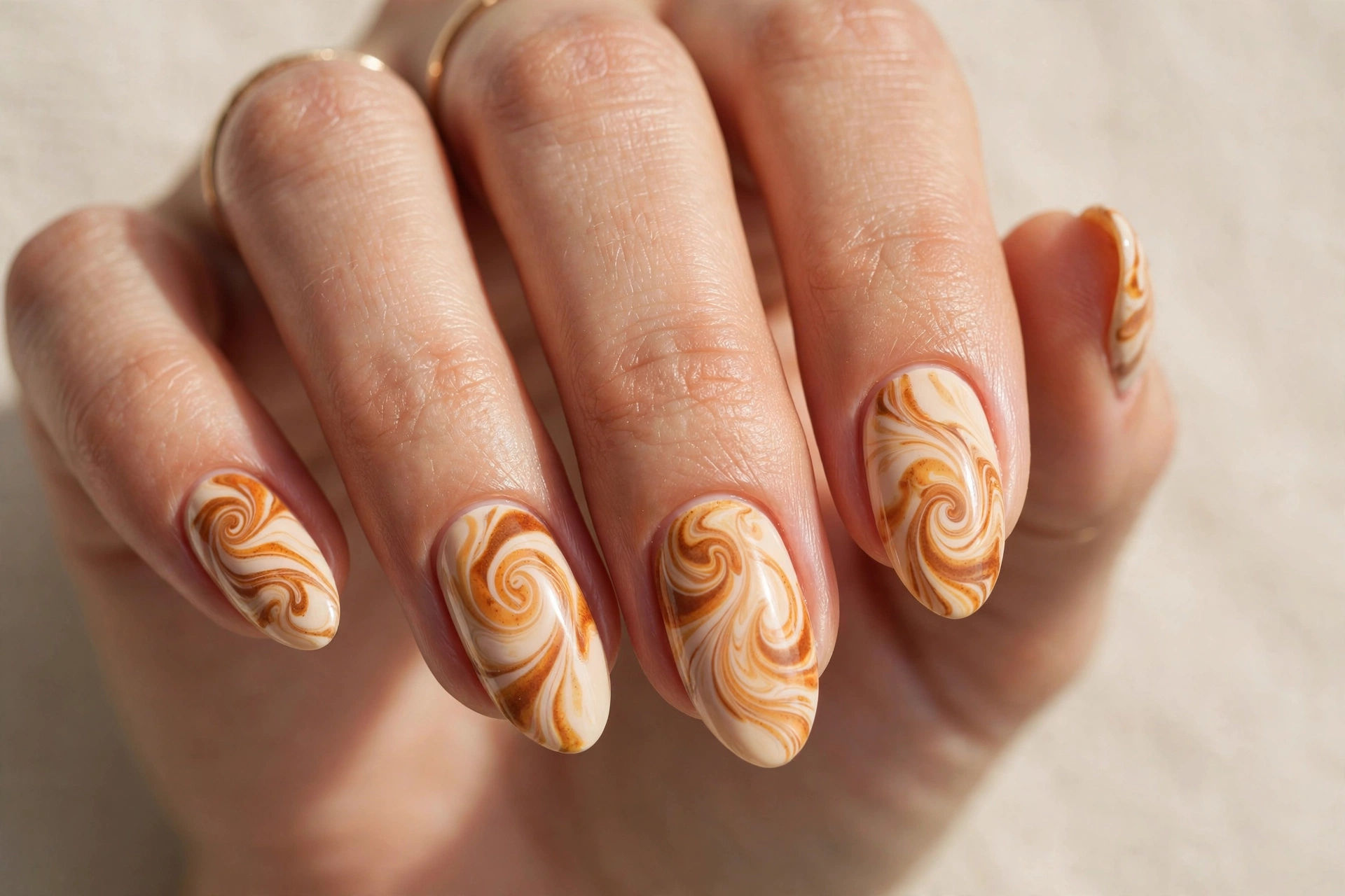 Cream base nails with marbled pumpkin spice orange and brown swirls