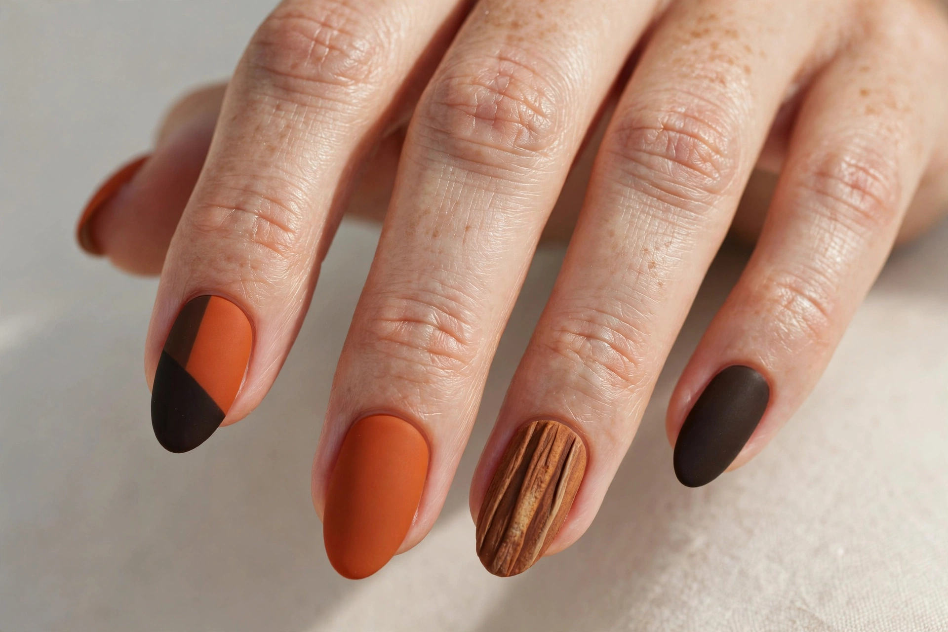 Burnt orange matte nails with a cinnamon stick textured accent nail