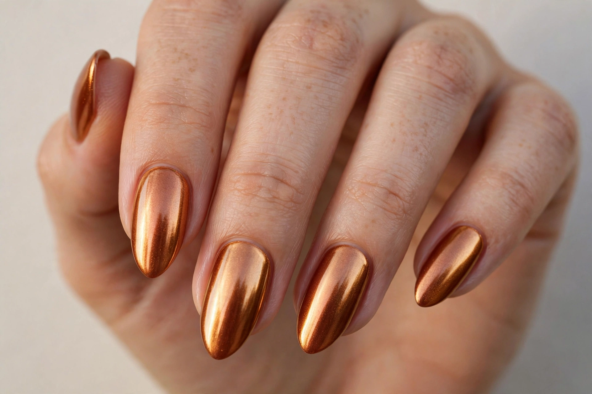 Coppery pumpkin spice chrome manicure with golden metallic sheen