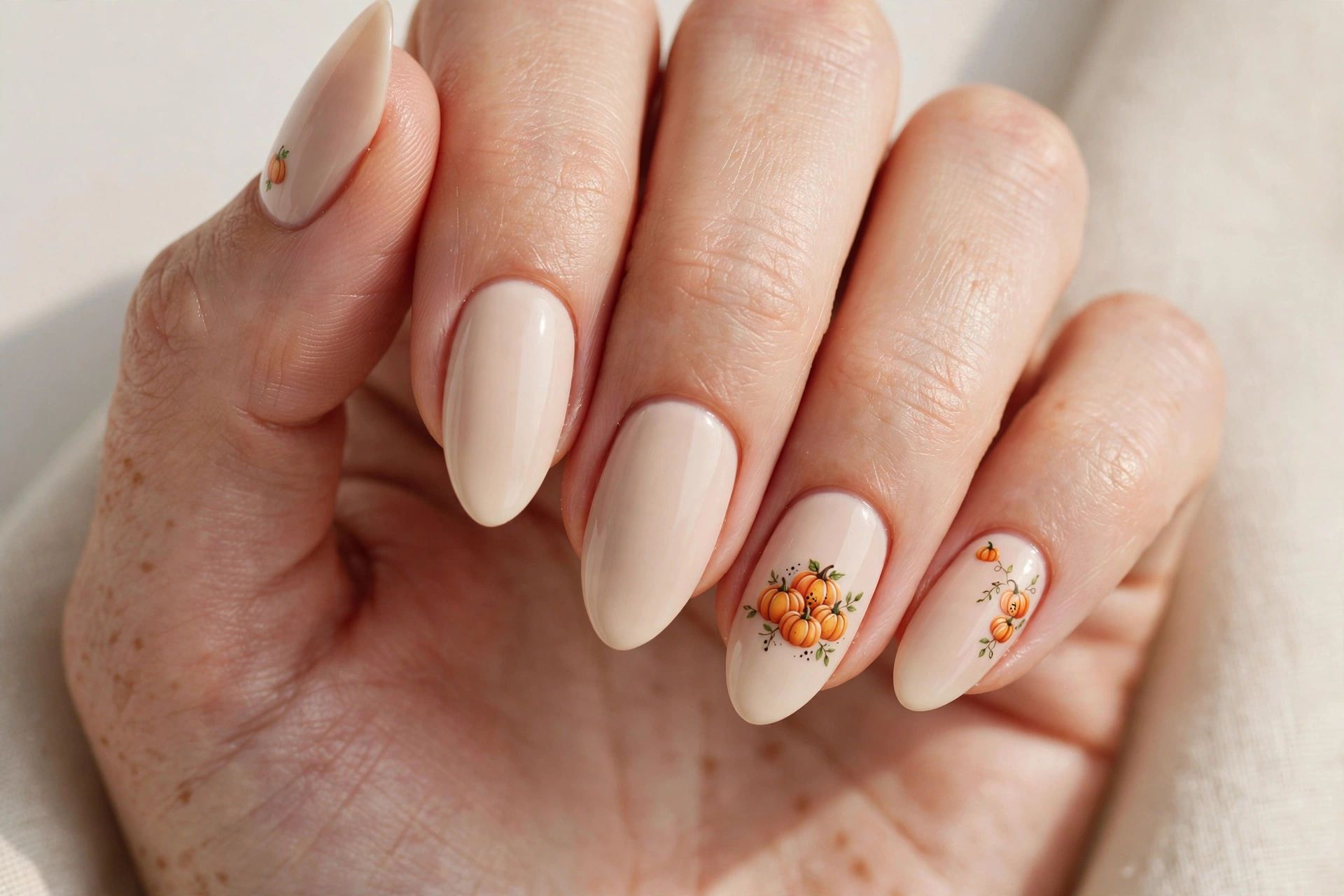 Creamy nude nails with tiny hand-painted pumpkin decals on accent nails