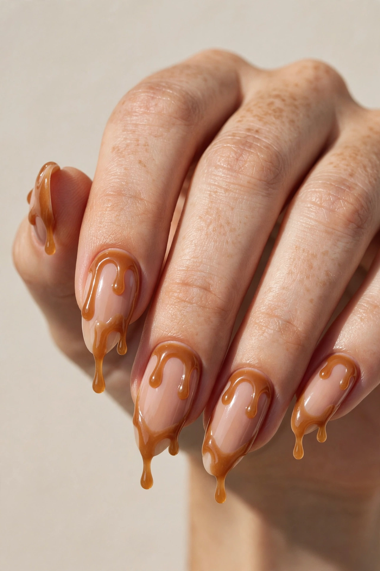 Nude nails with glossy caramel drip design from the tips