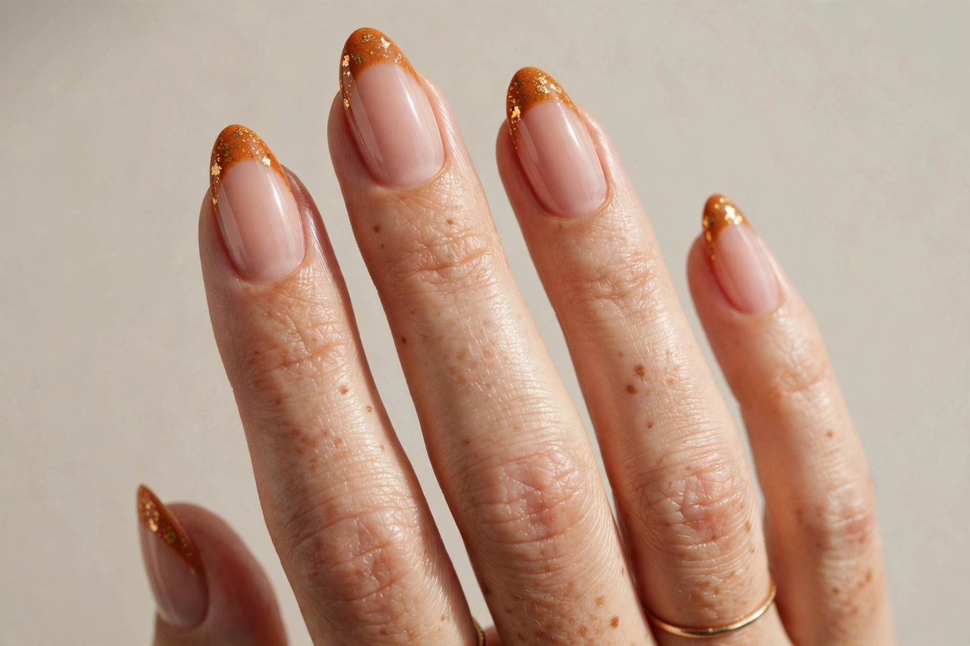 Pumpkin spice French tip manicure with orange brown tips and gold flecks