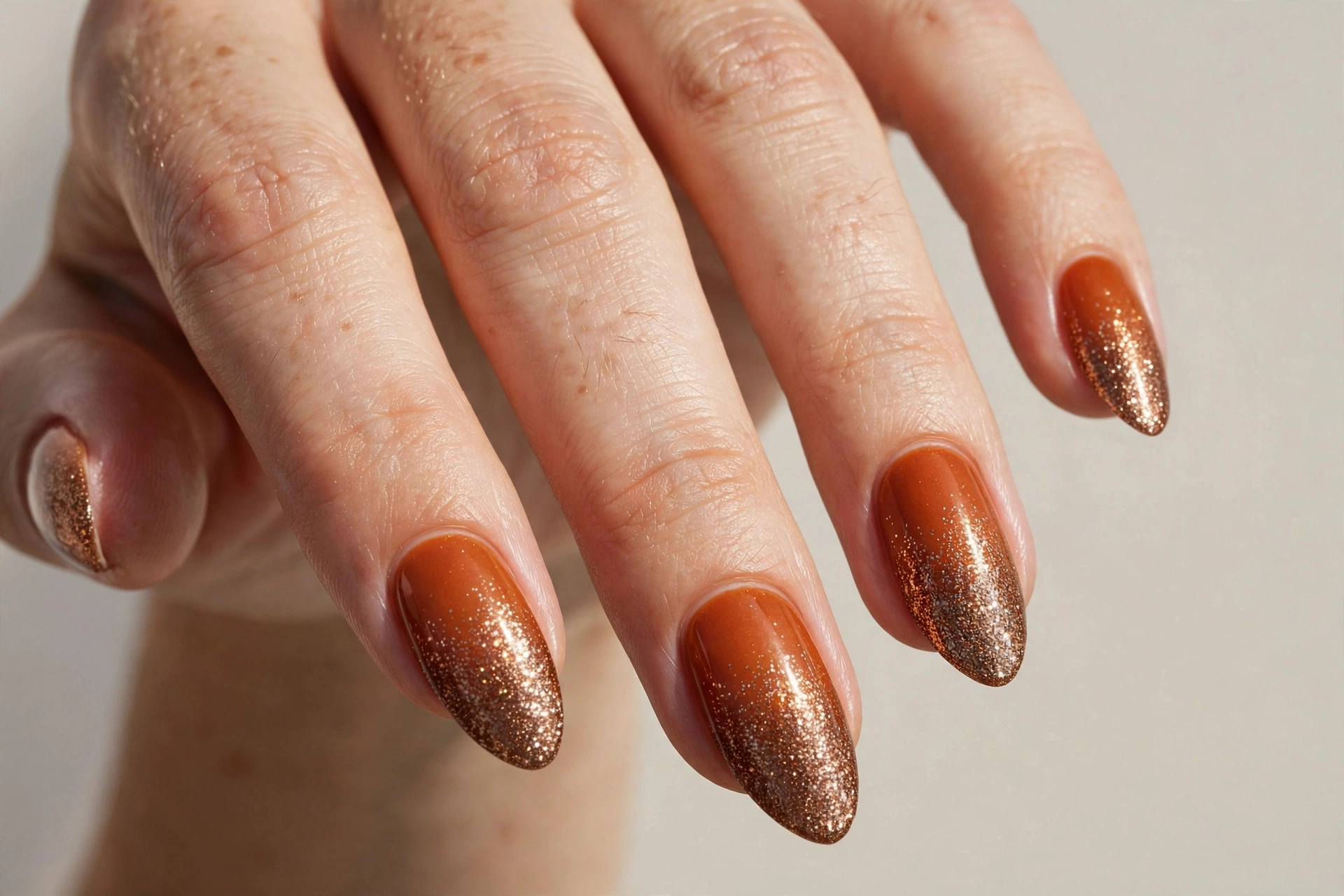 Burnt orange nails fading into sparkling bronze glitter tips