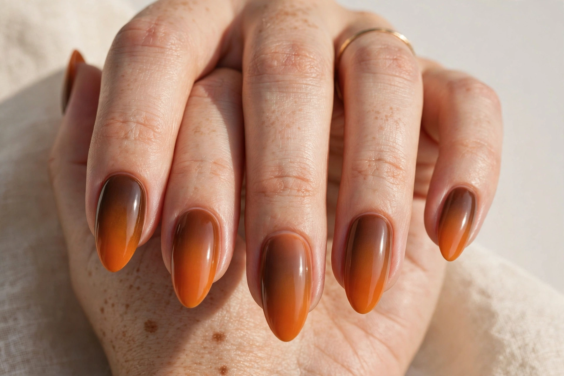Ombre nails blending nutmeg brown into pumpkin orange
