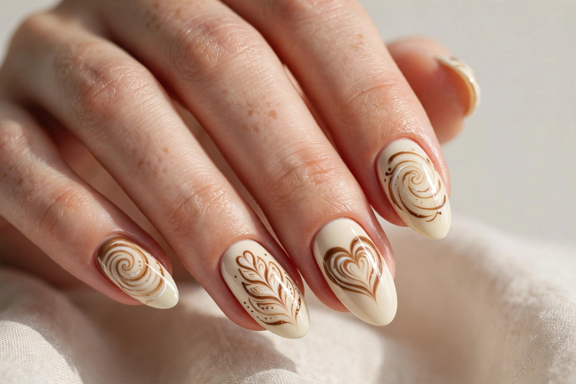 Ivory nails with hand-painted brown latte foam swirl art