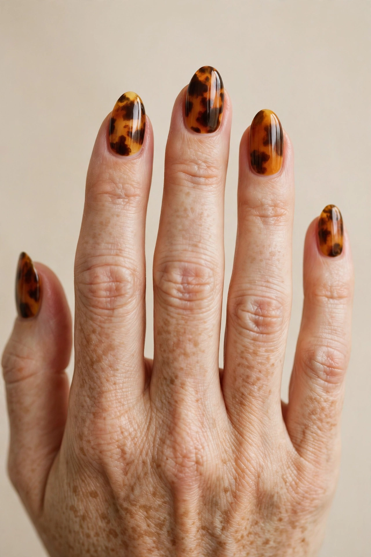 Warm tortoiseshell nails in amber caramel and espresso tones