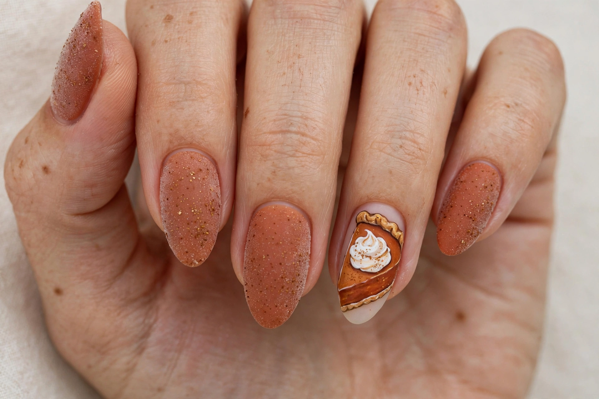 Terracotta nails with a hand-painted pumpkin pie slice accent nail