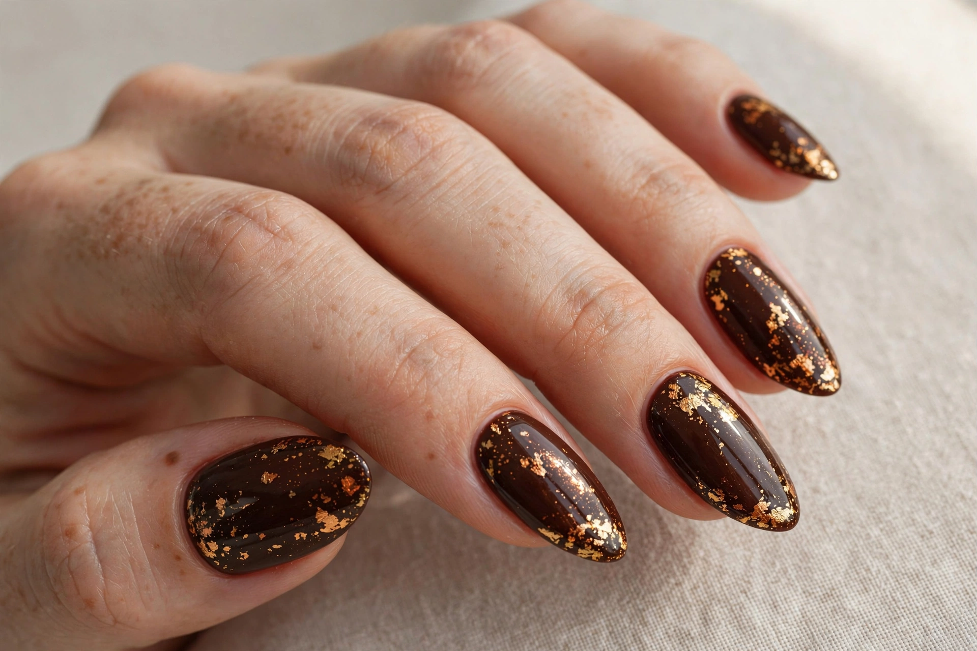 Espresso brown nails with delicate gold foil flakes