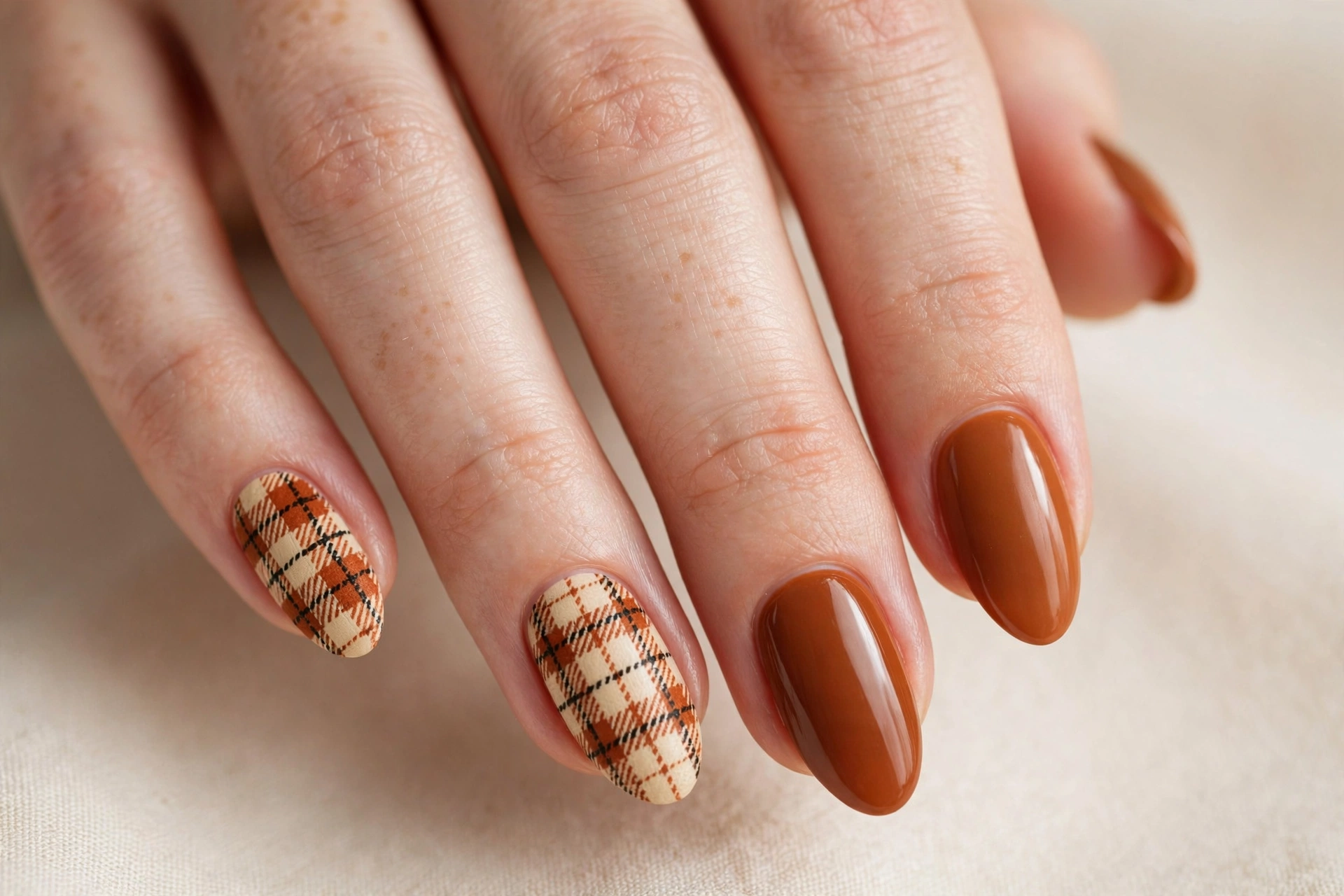Burnt orange and cream plaid flannel nail art with cinnamon solid nails