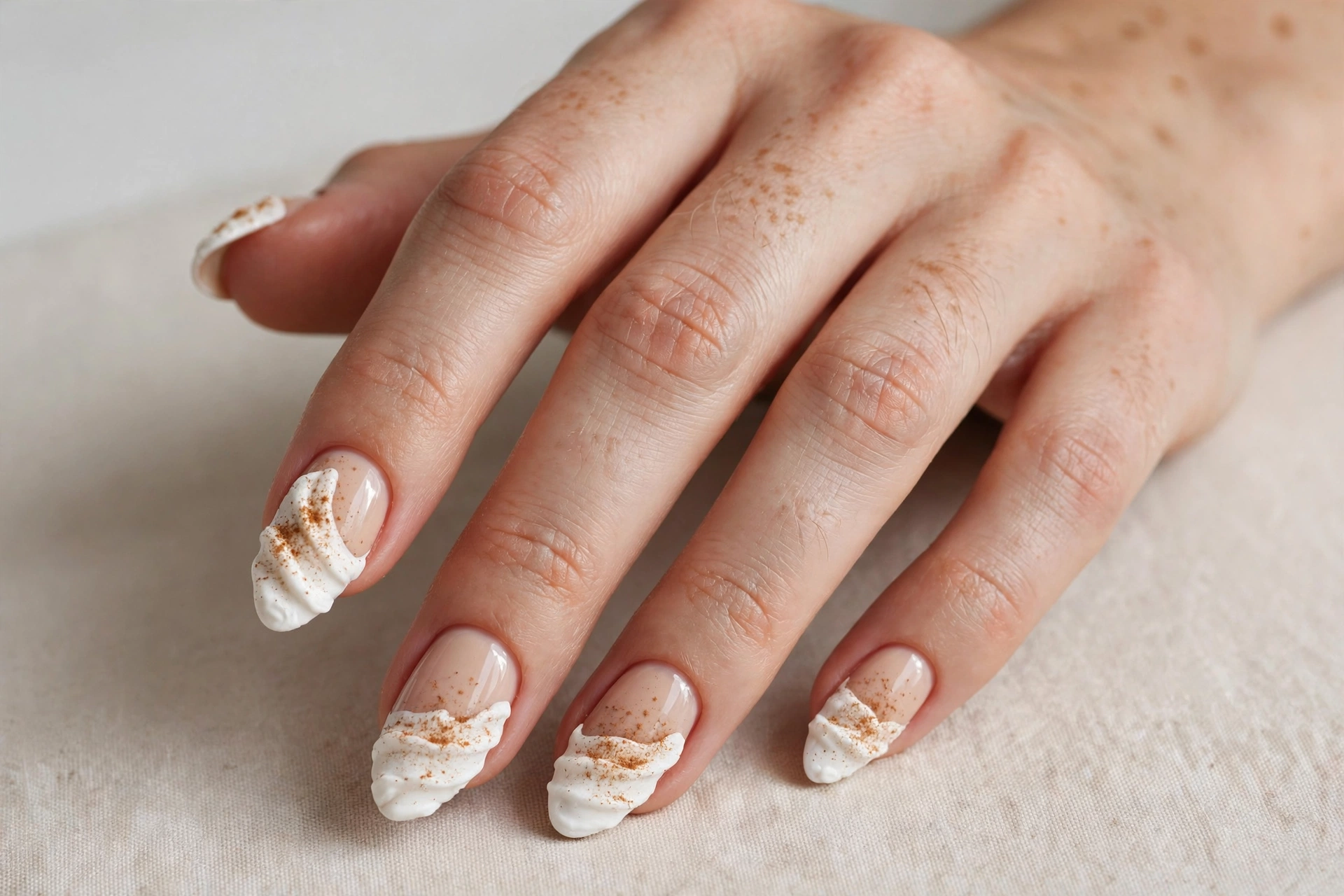 Nude nails with creamy white tips dusted with cinnamon color