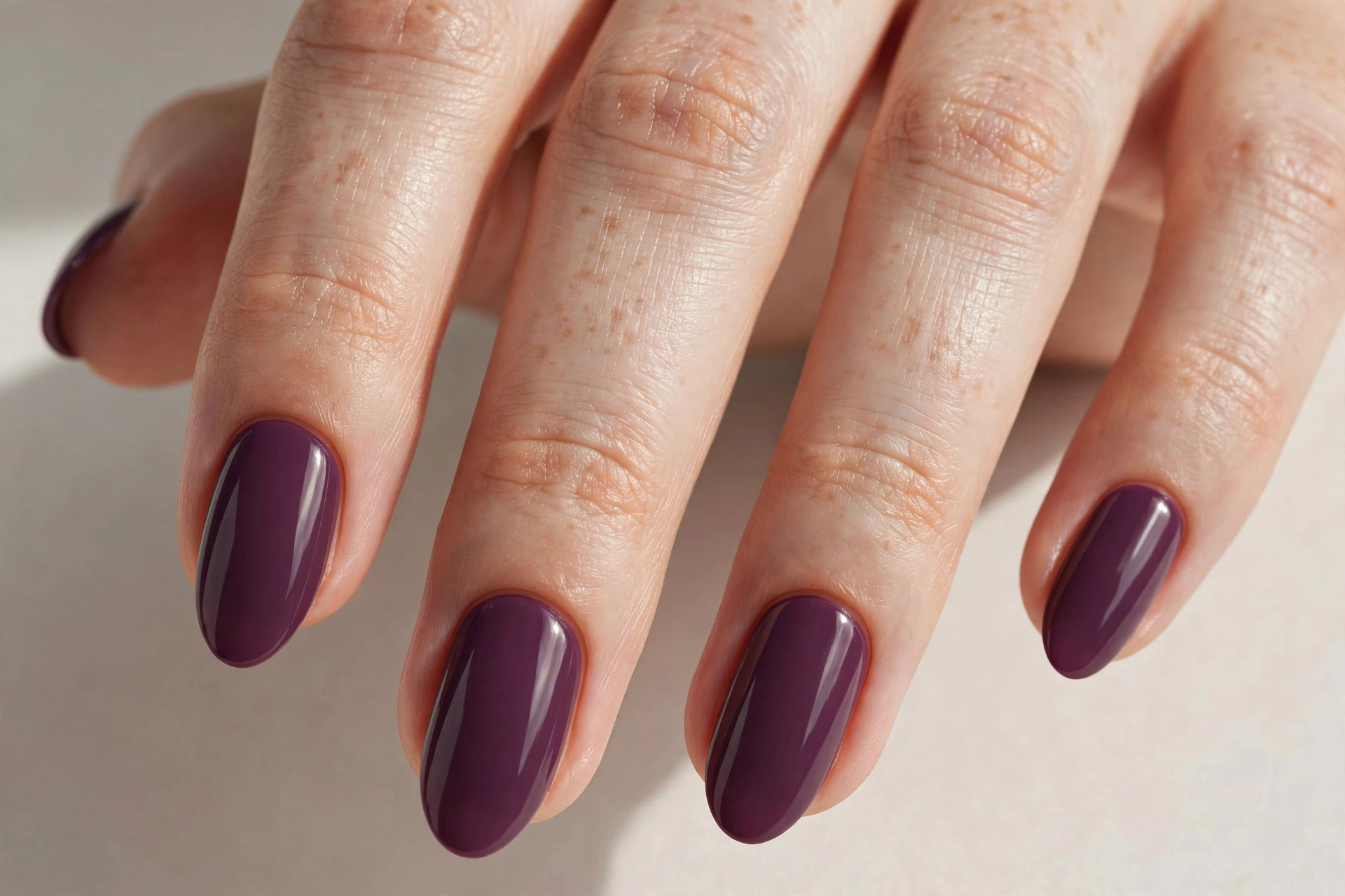 Close-up of almond-shaped nails with deep plum solid purple manicure