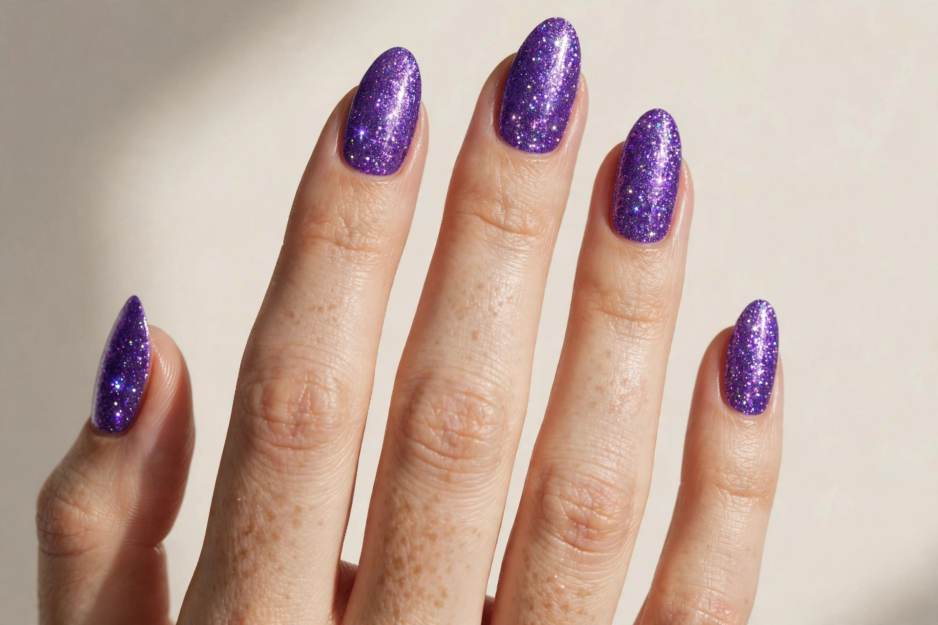 Almond-shaped nails with sparkling violet glitter manicure