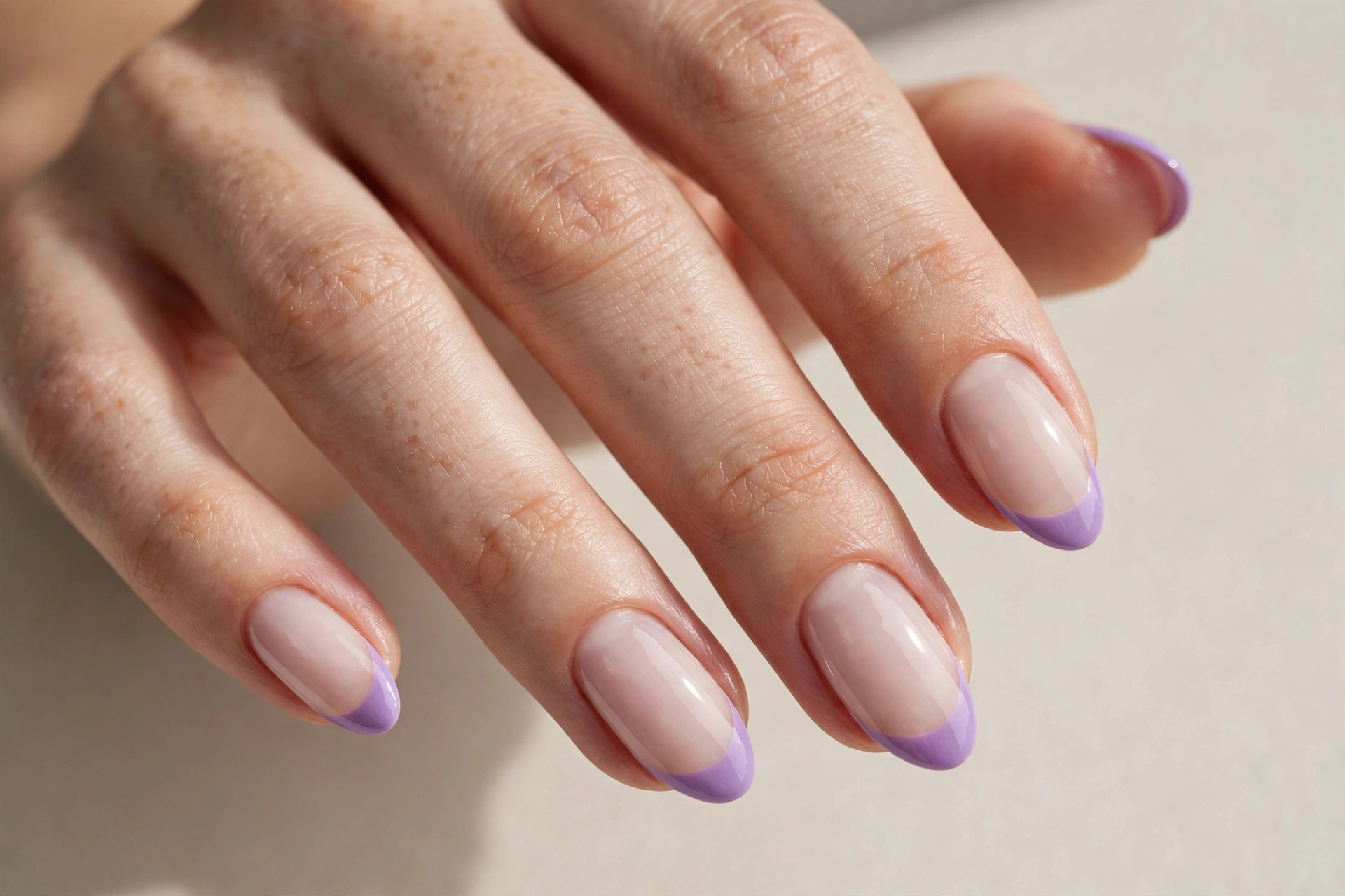 Lilac french tip nail art on almond-shaped nails