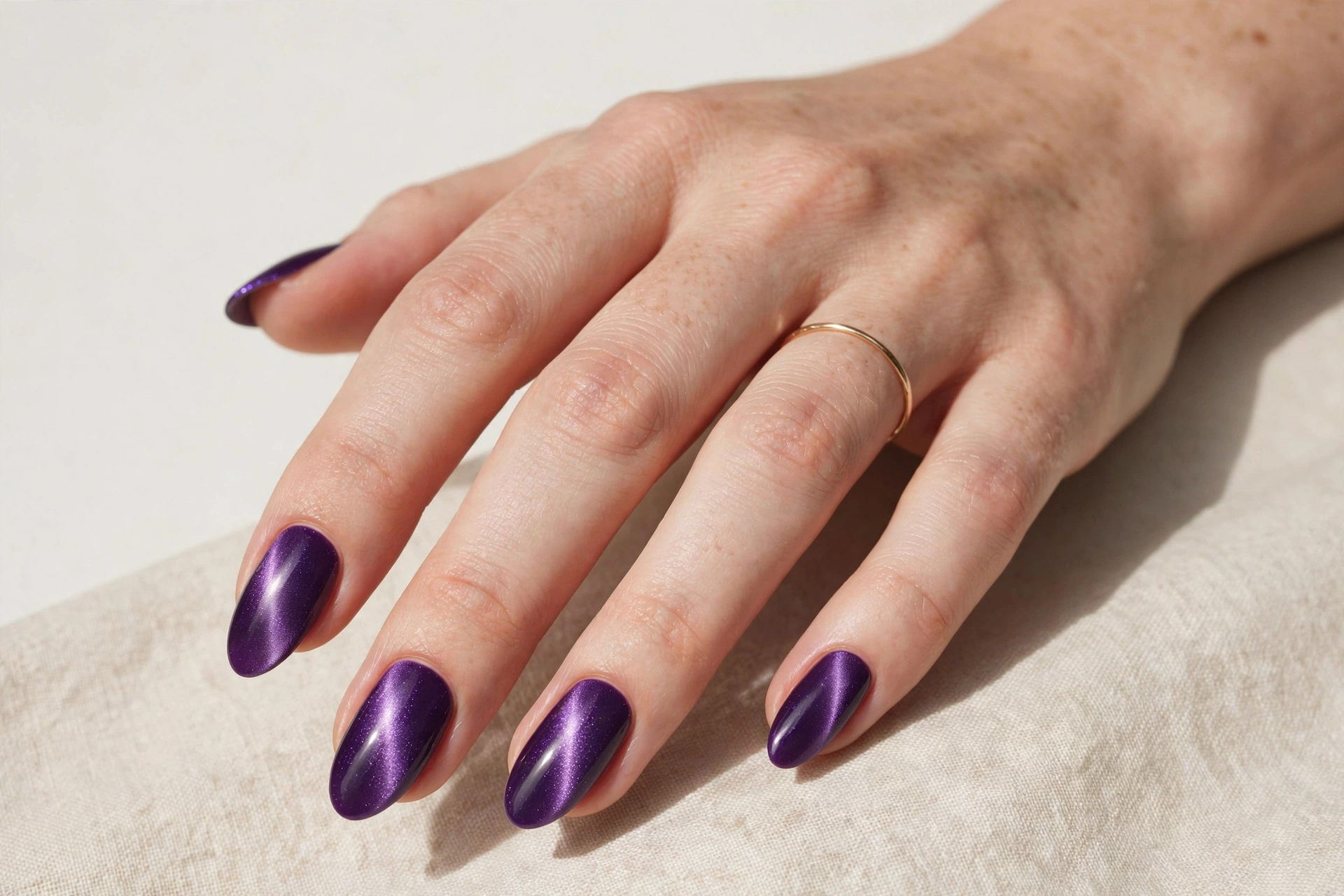 Purple magnetic cat eye nail art with shimmering light stripe