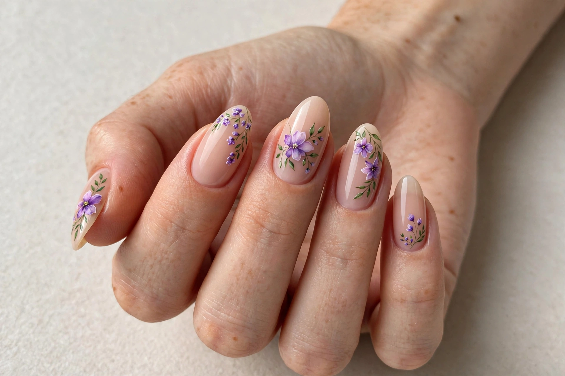 Hand-painted purple floral nail art on nude base, almond nails