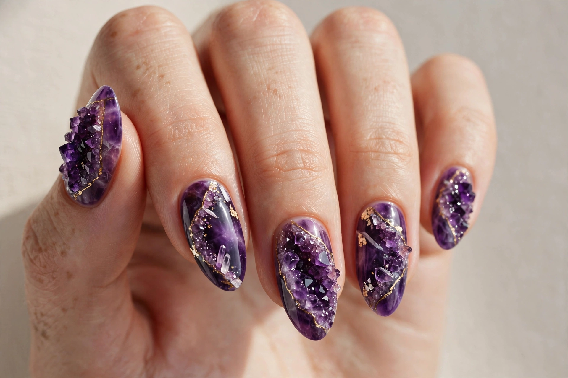 Amethyst geode crystal nail art in deep purple tones