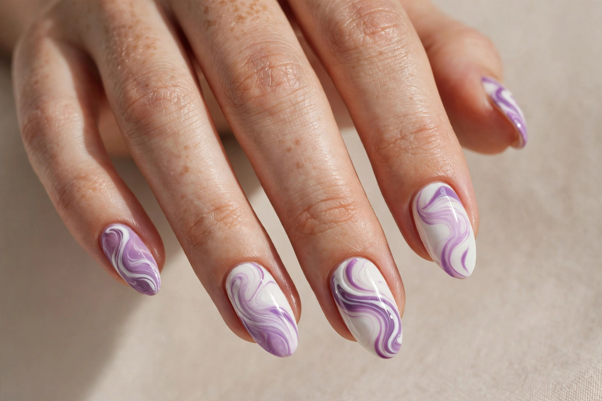 White and purple swirl nail art on almond-shaped nails