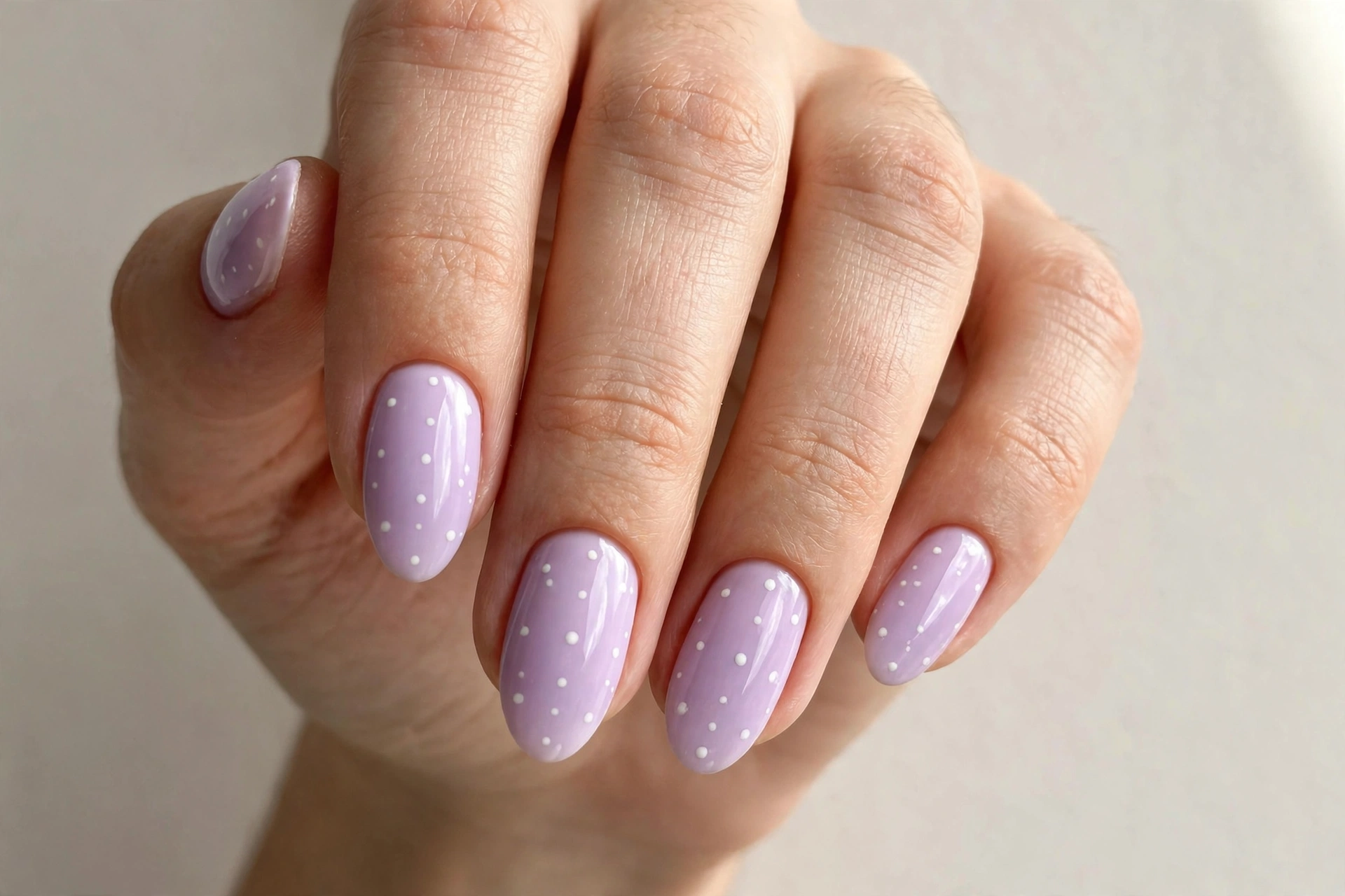 Soft lilac manicure with tiny white polka dot accents