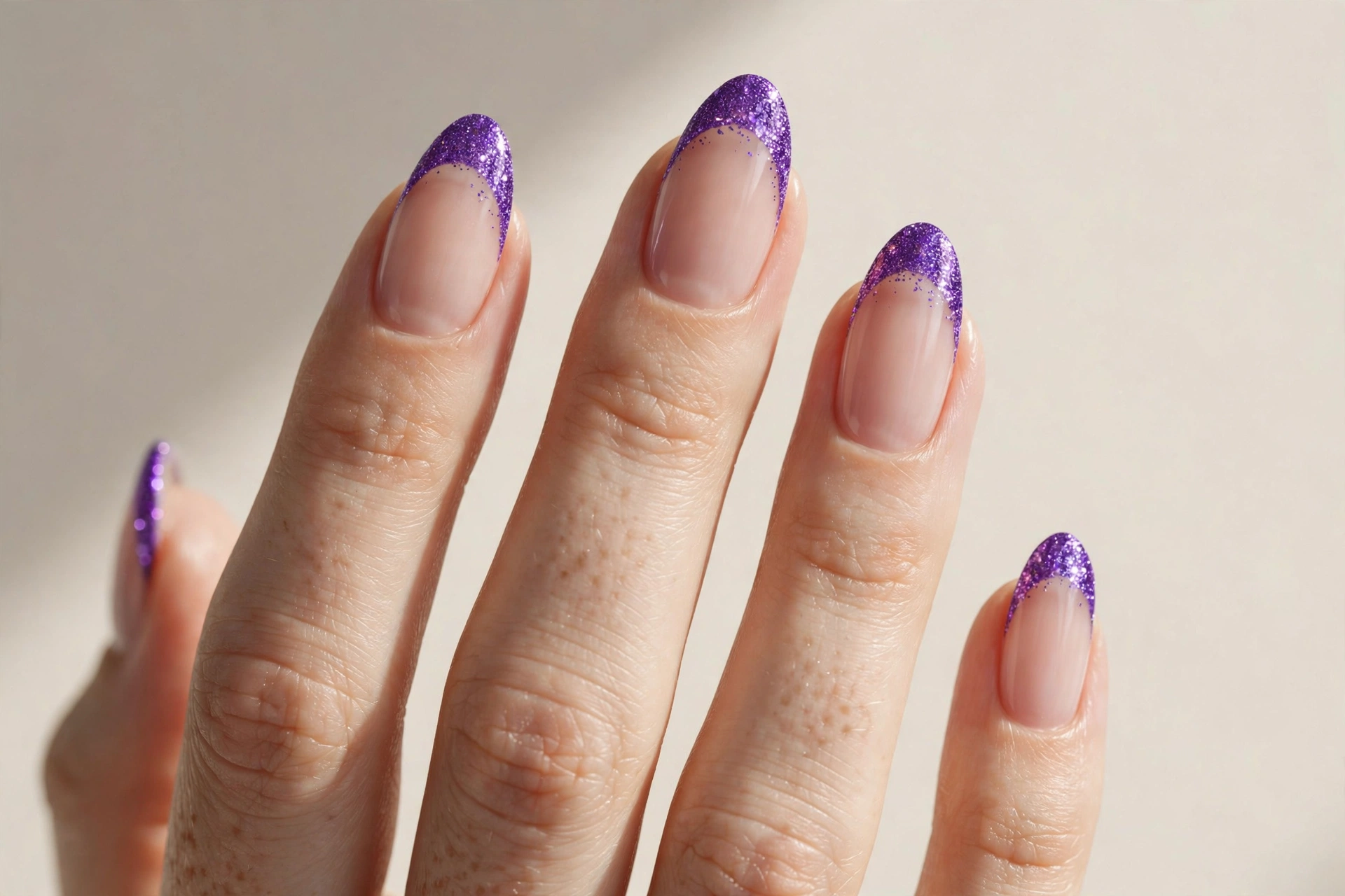 Violet glitter french tip nail art on almond-shaped nails