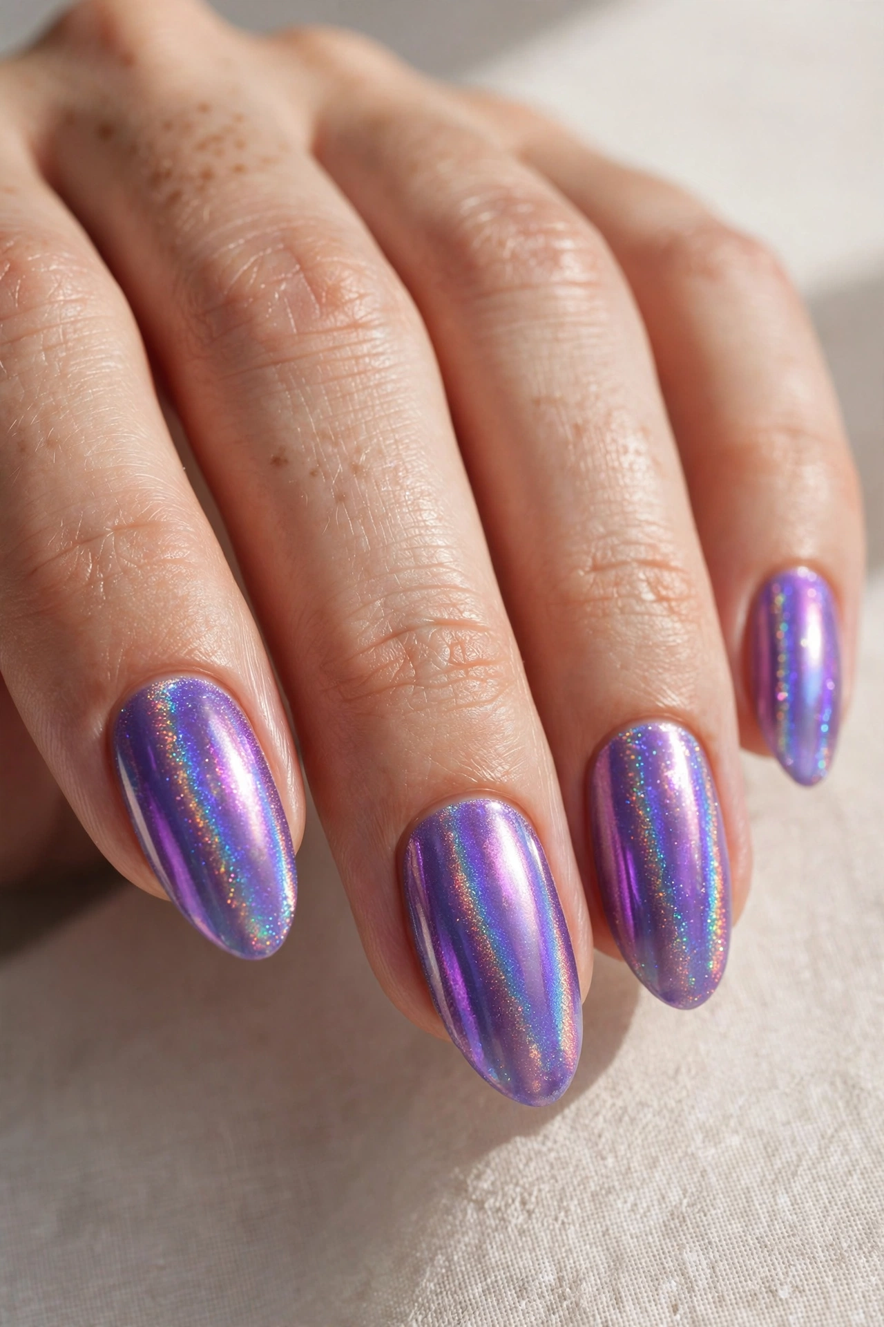 Holographic iridescent purple nail art on almond-shaped nails