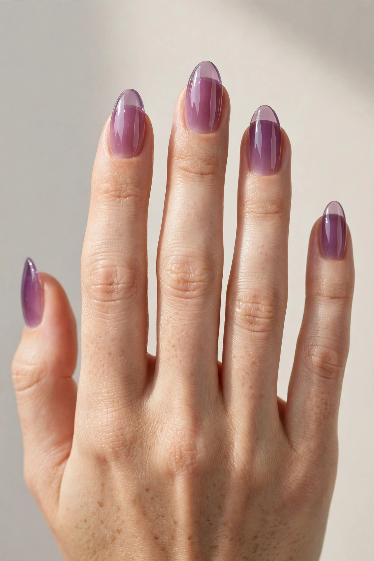 Glossy grape jelly translucent purple manicure on almond nails