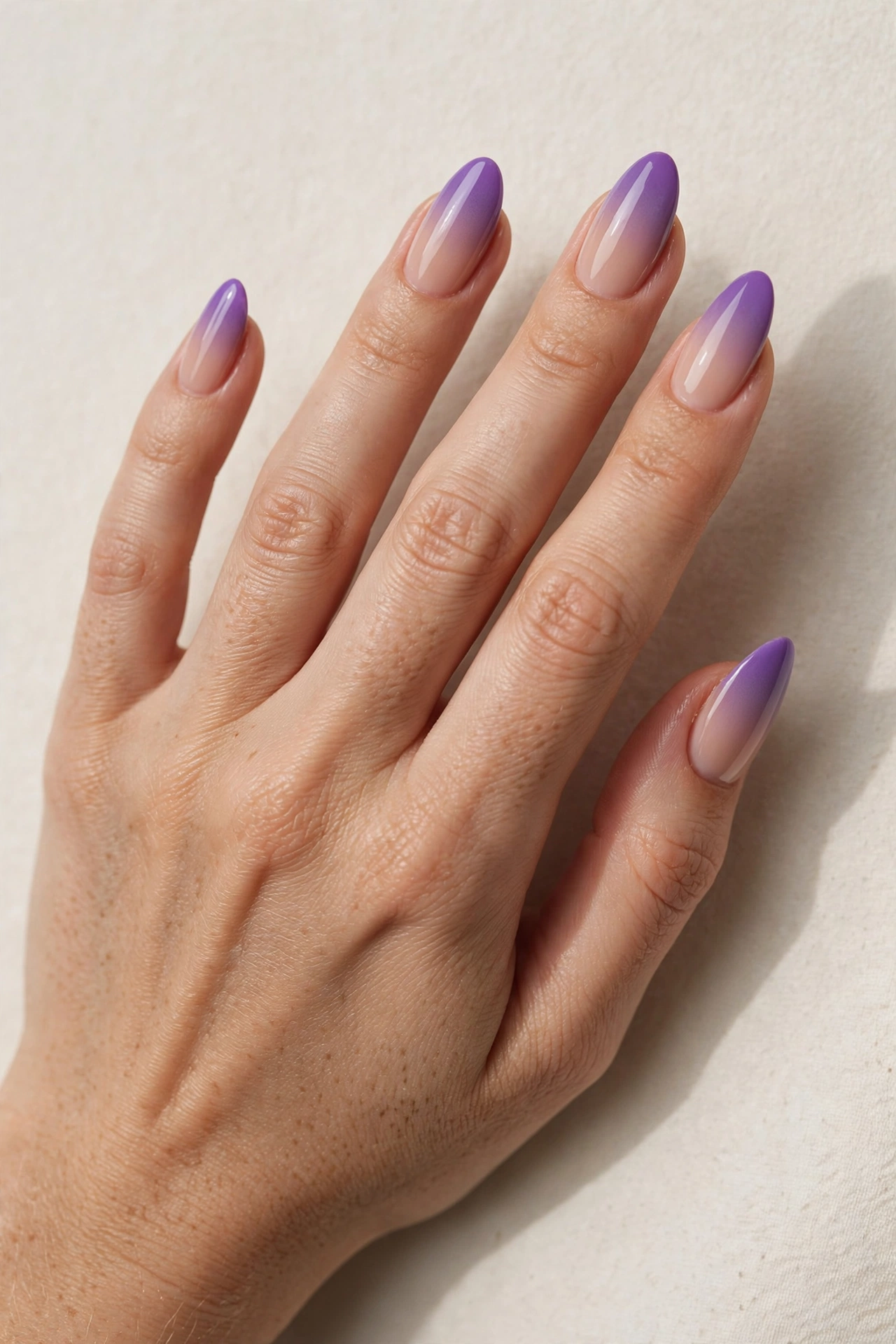 Purple french ombre nail art fading from nude to violet tips
