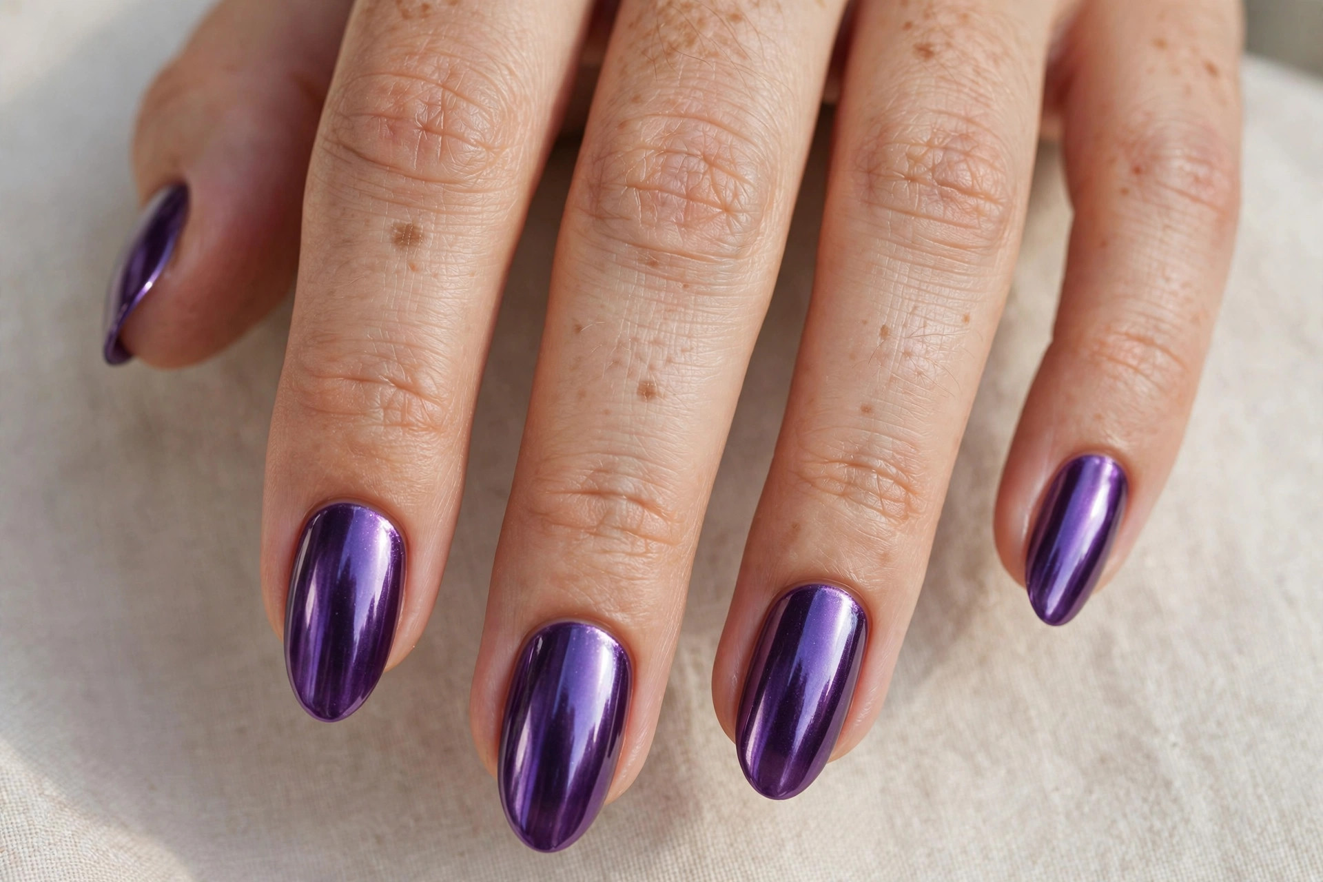 Amethyst purple chrome metallic manicure