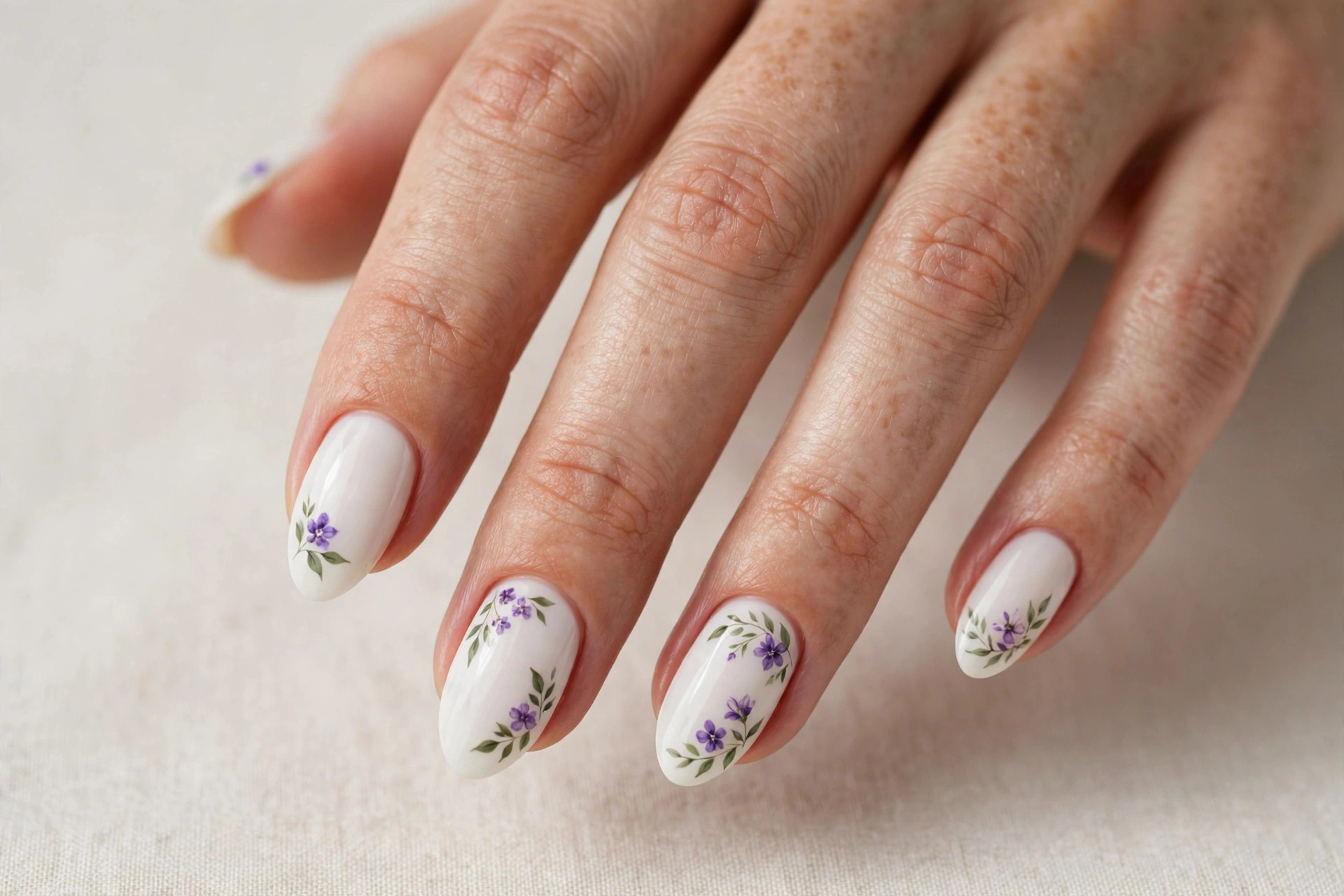 Purple floral nail art on white base