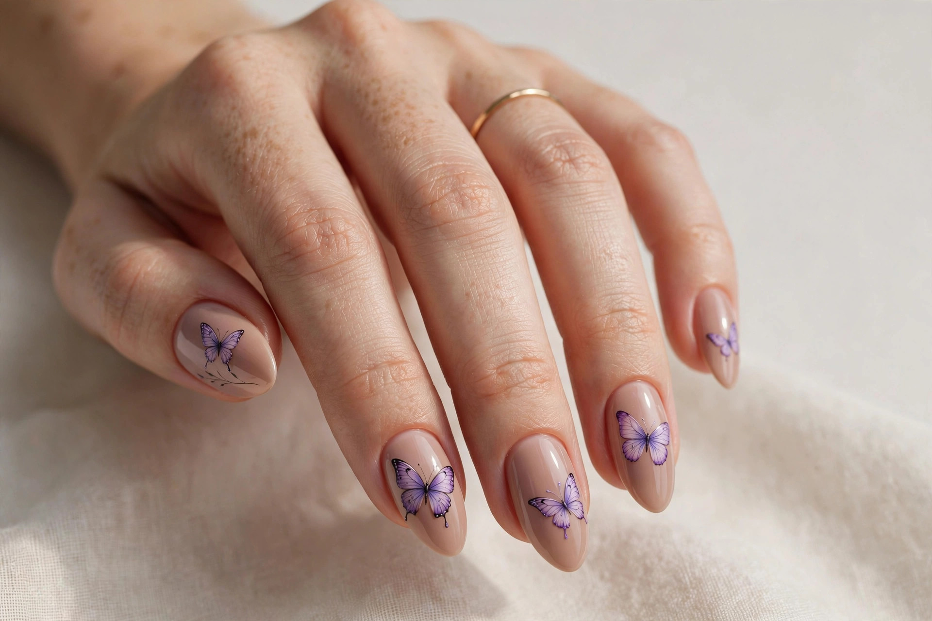Purple butterfly nail art on nude base