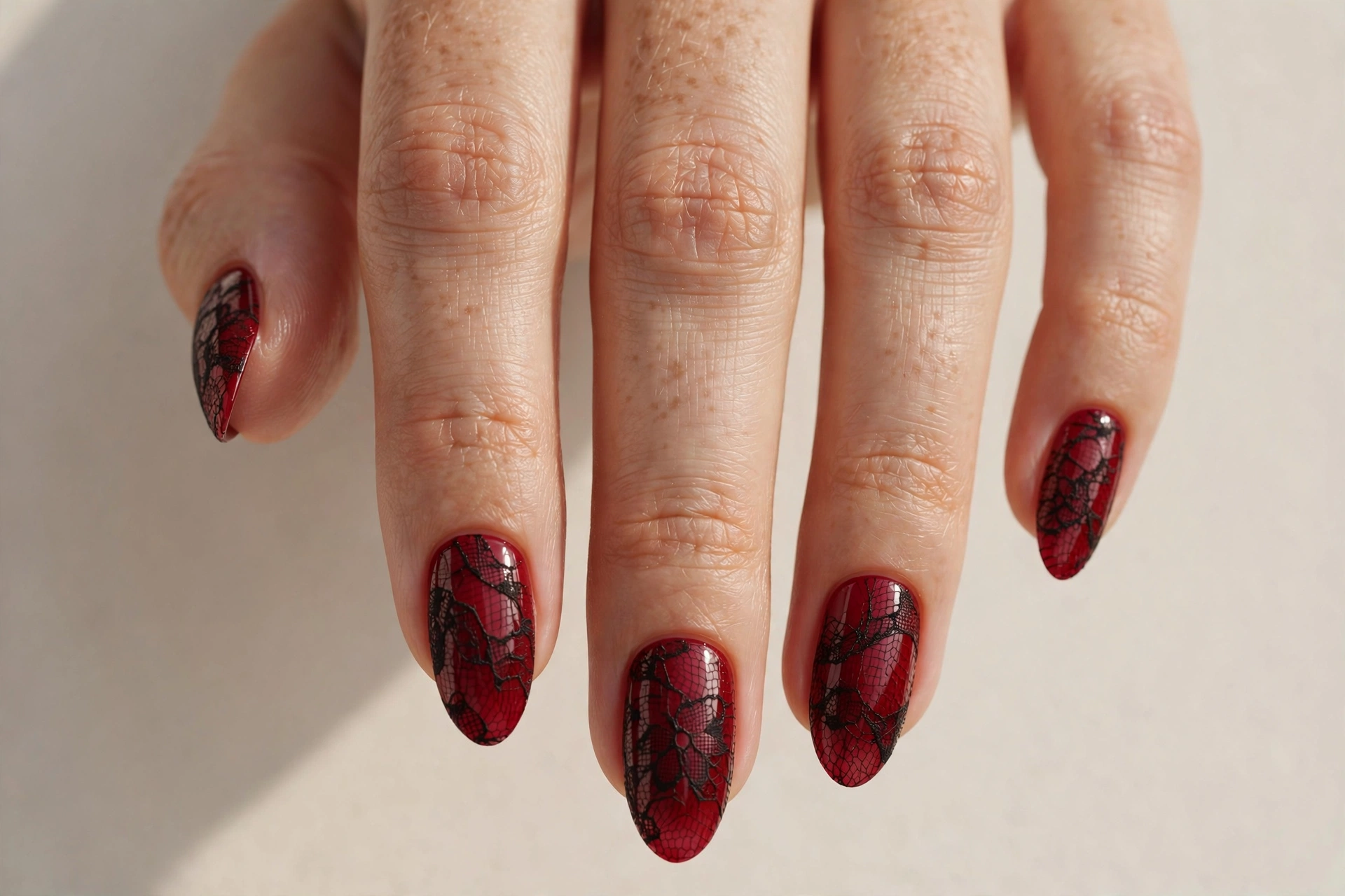 Red nails with delicate black lace overlay design