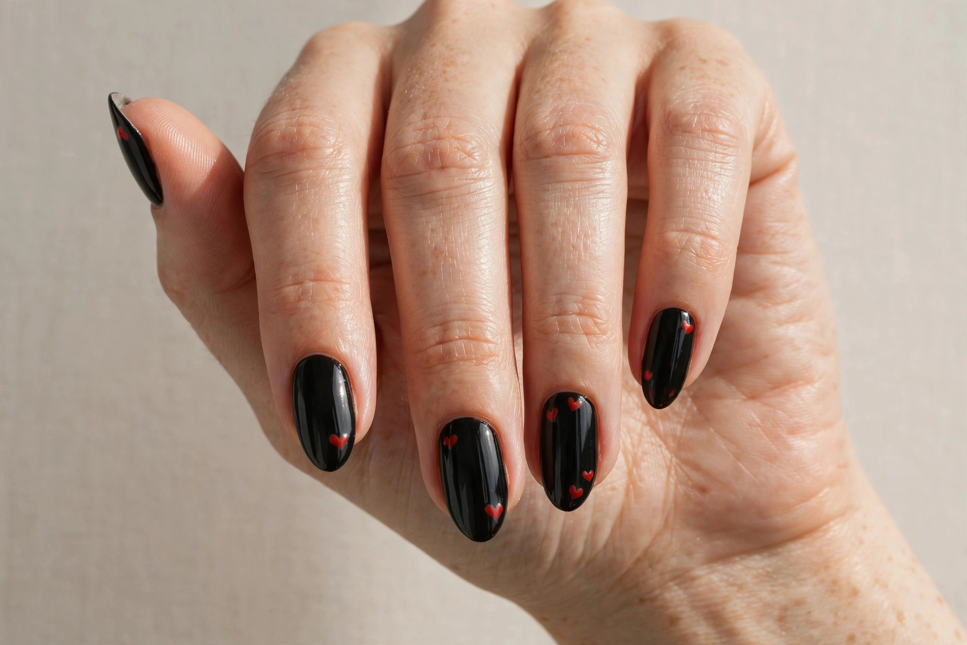 Black nails decorated with small red hearts