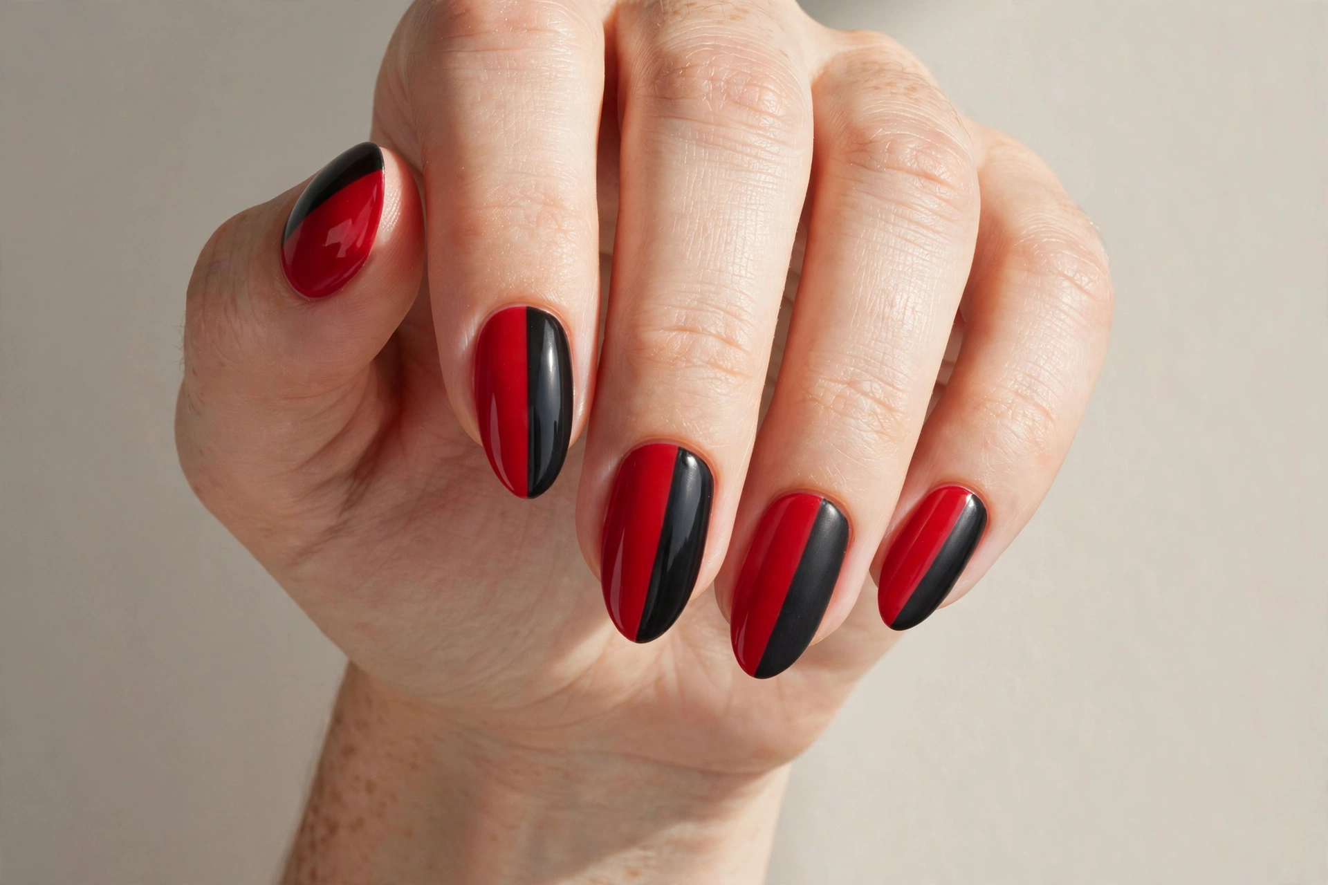 Half red half black split color nail design