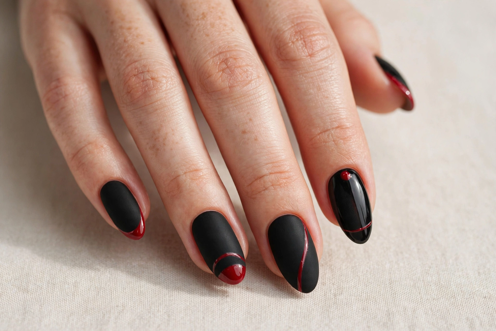 Matte black nails with glossy red accent details