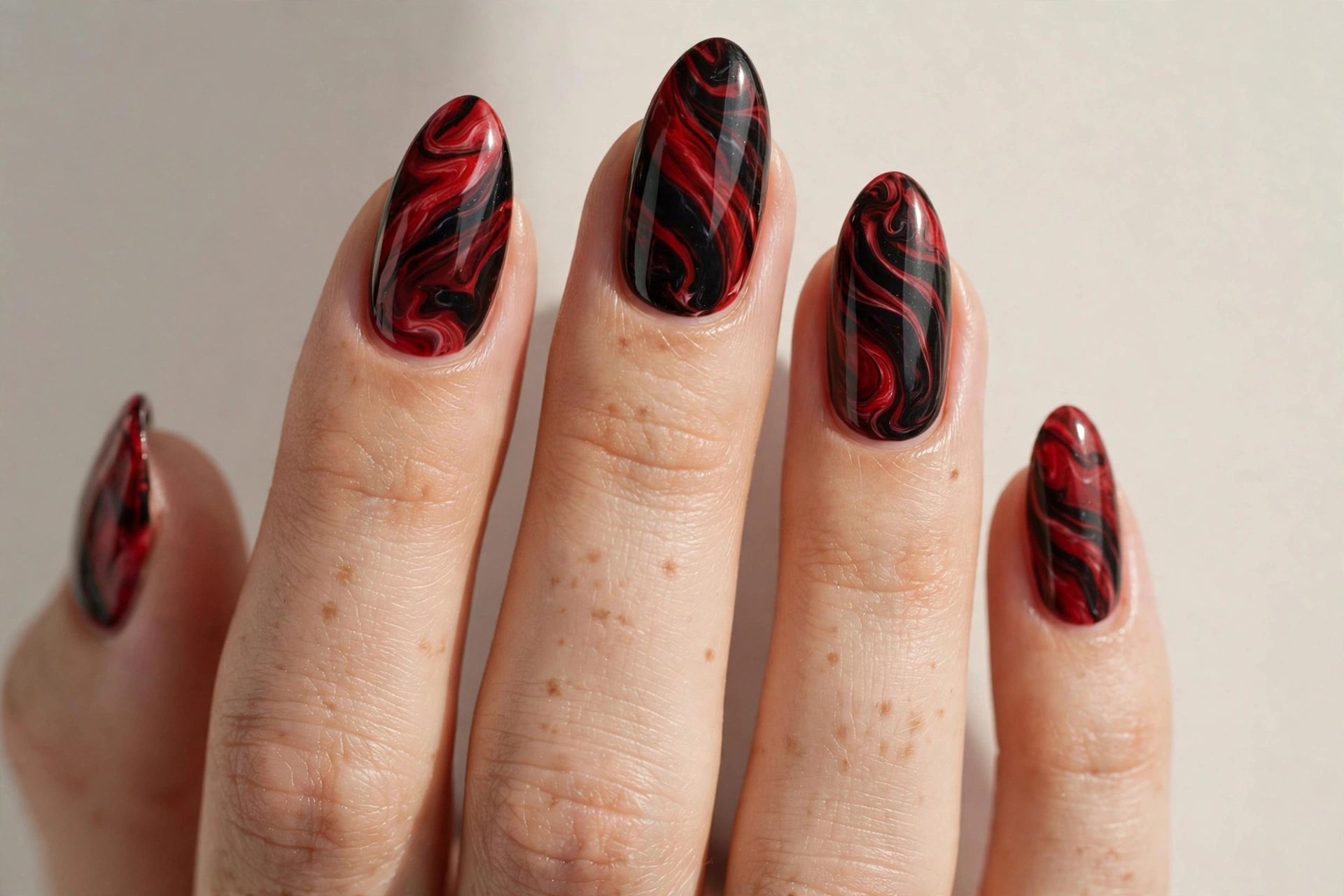 Red and black marble swirl nail art