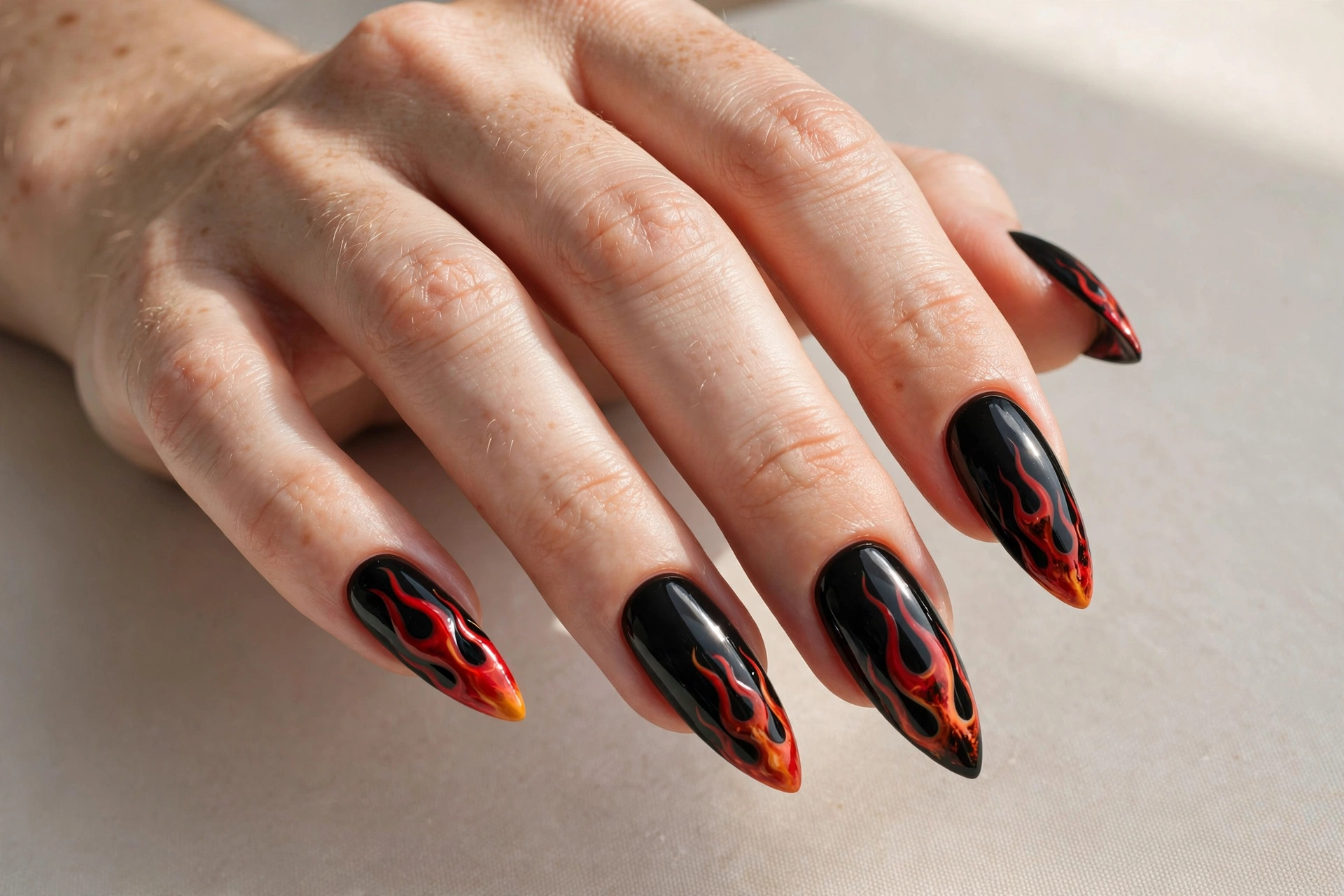 Black stiletto nails with red flame nail art