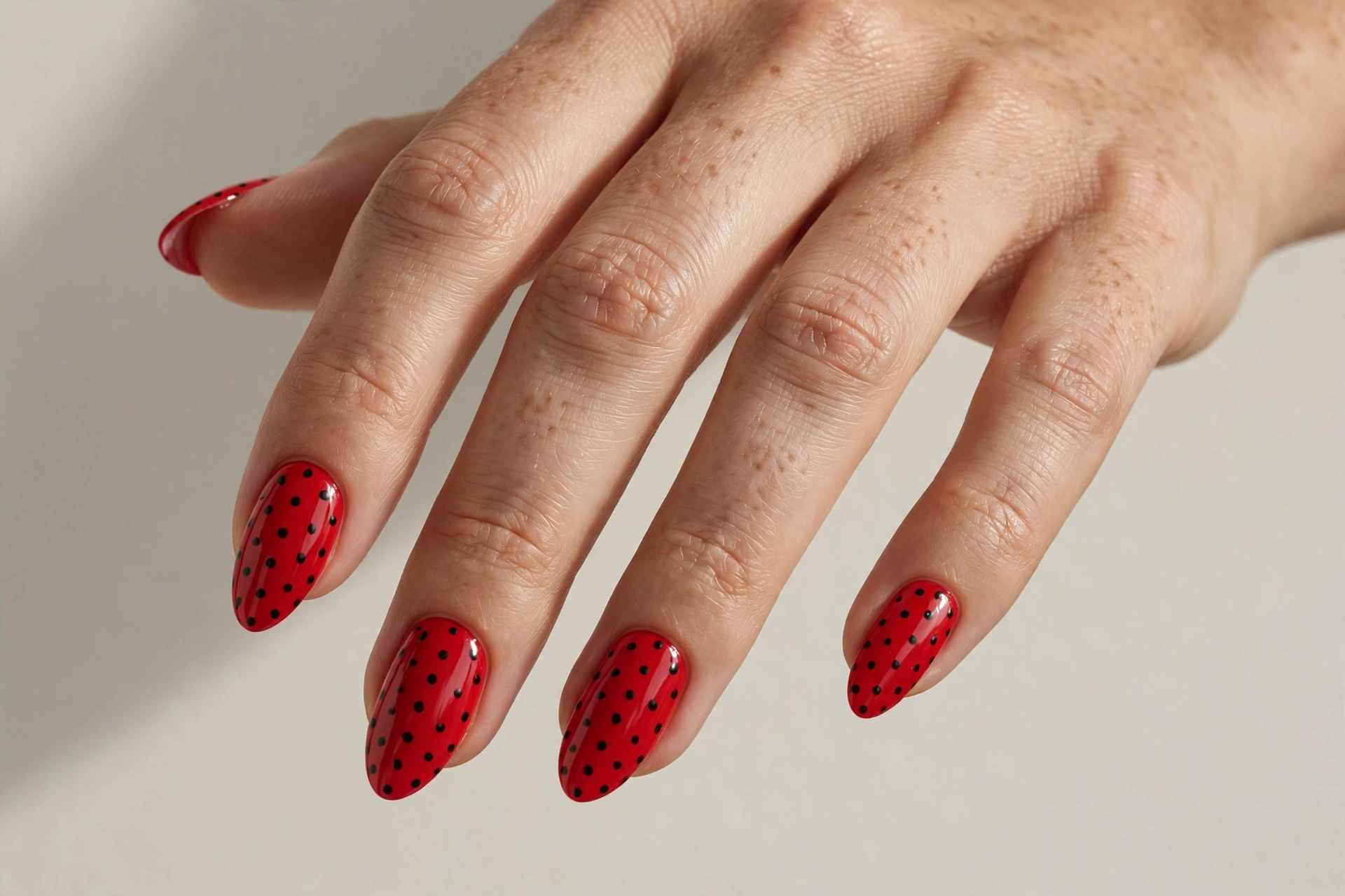 Red nails with black polka dot pattern