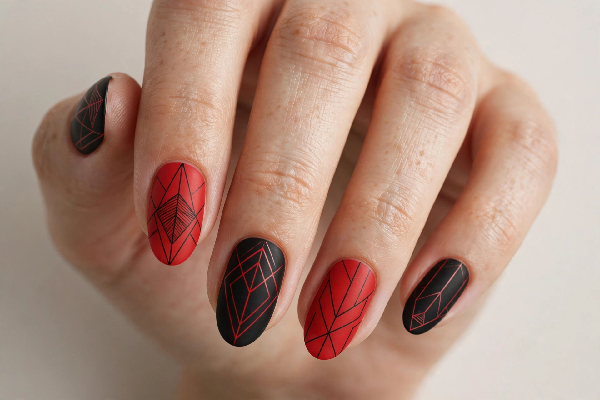 Red and black geometric line art on nails