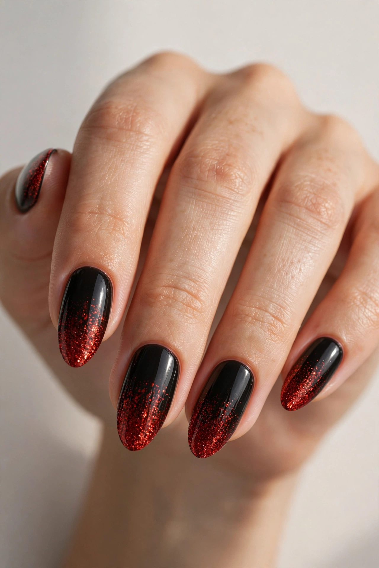 Black nails with red glitter gradient at the tips