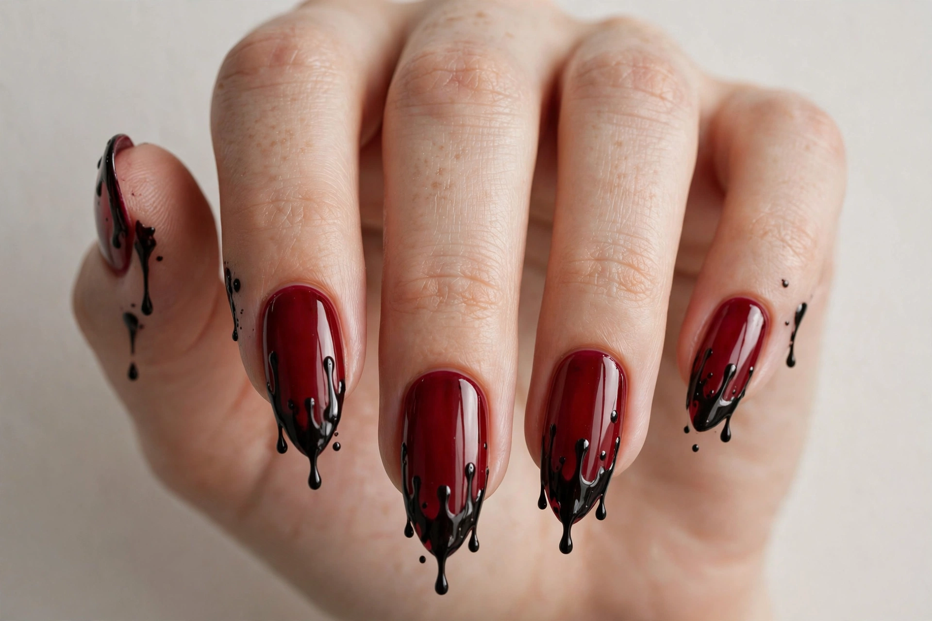 Deep vampire red nails with black dripping tip nail art