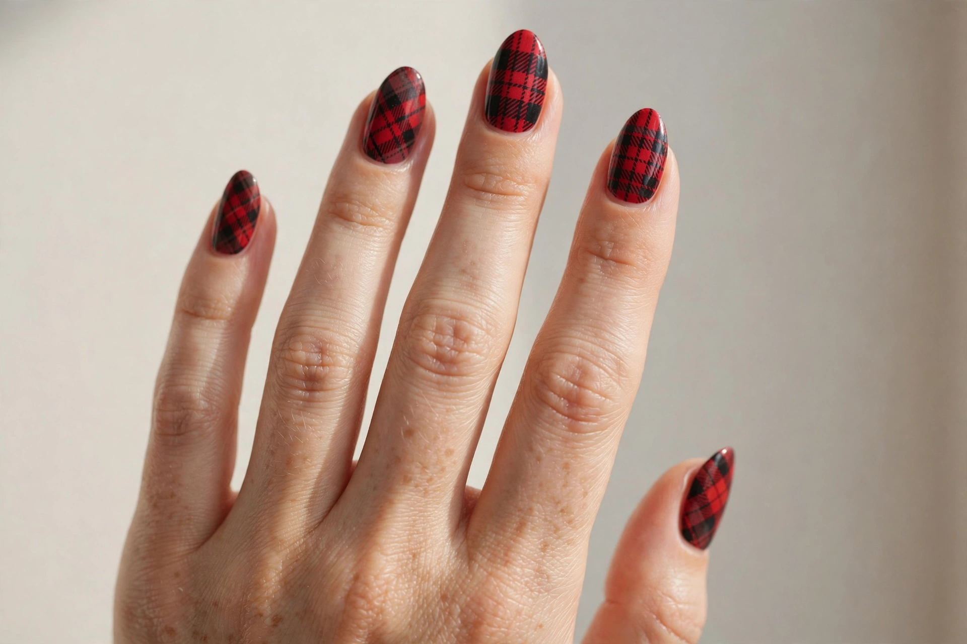 Red and black plaid tartan pattern nails
