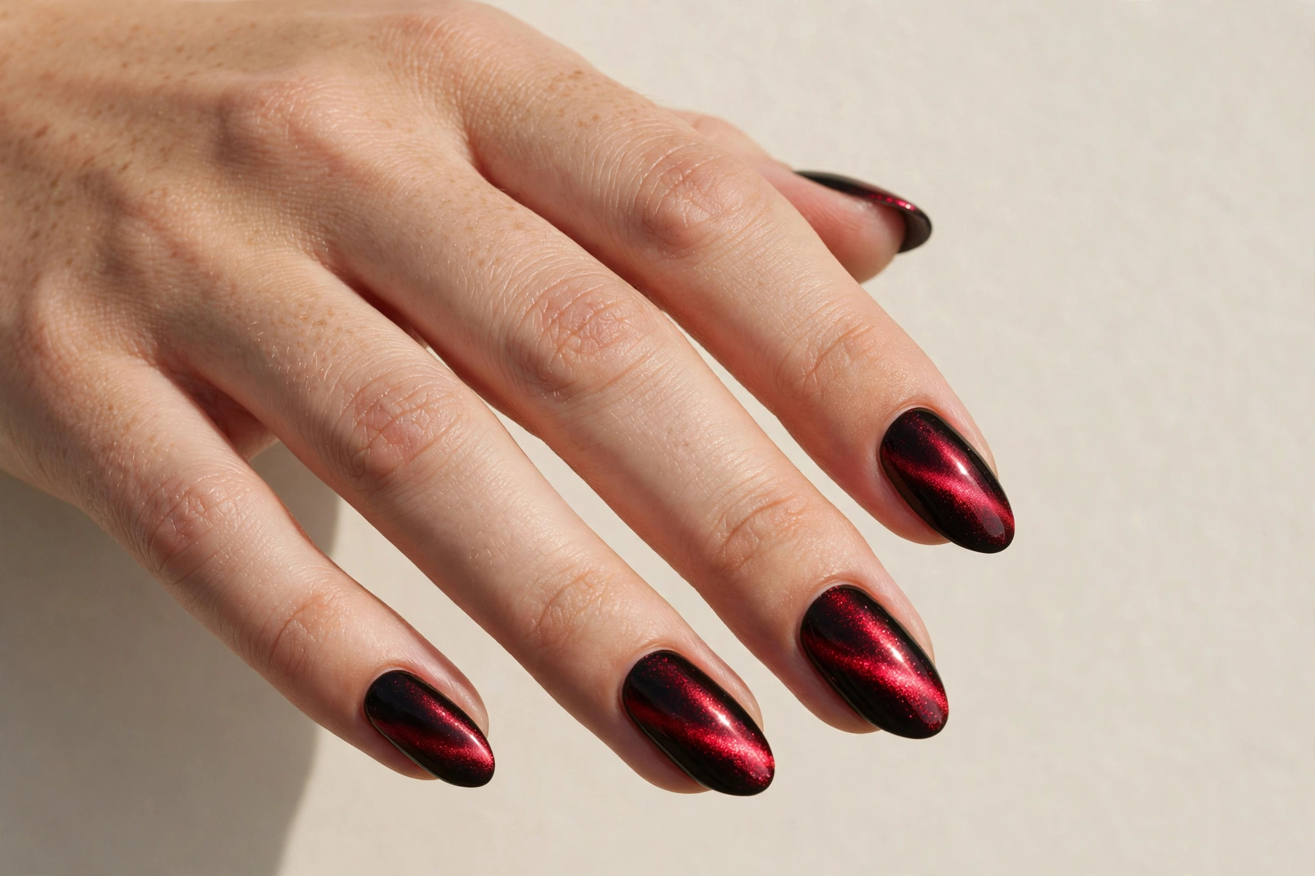 Black nails with red chrome shimmer finish