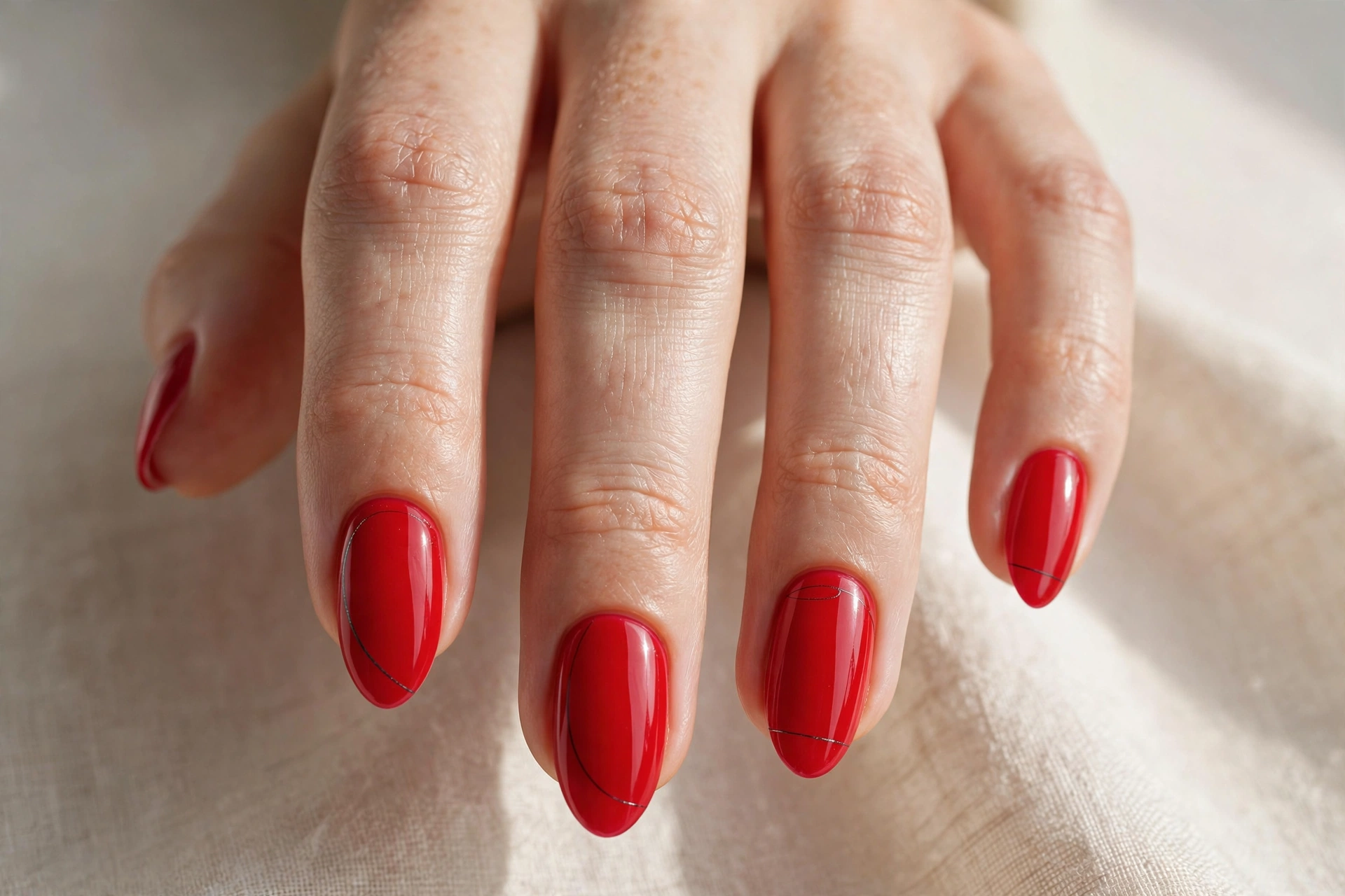 Red nails with minimal thin black line art