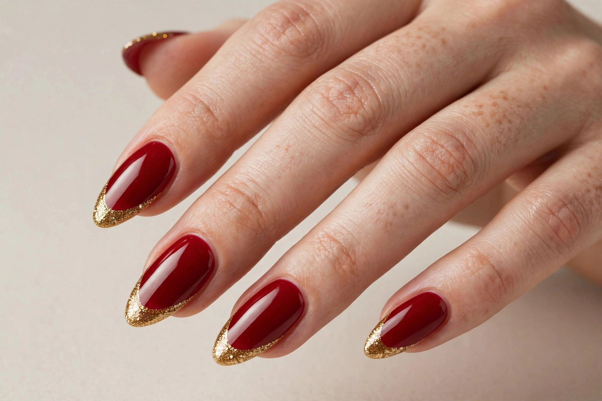 Red French tips with gold glitter on almond shaped nails