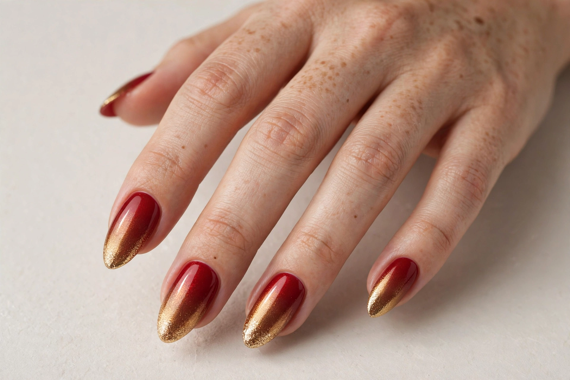 Red to gold ombre gradient manicure on almond nails